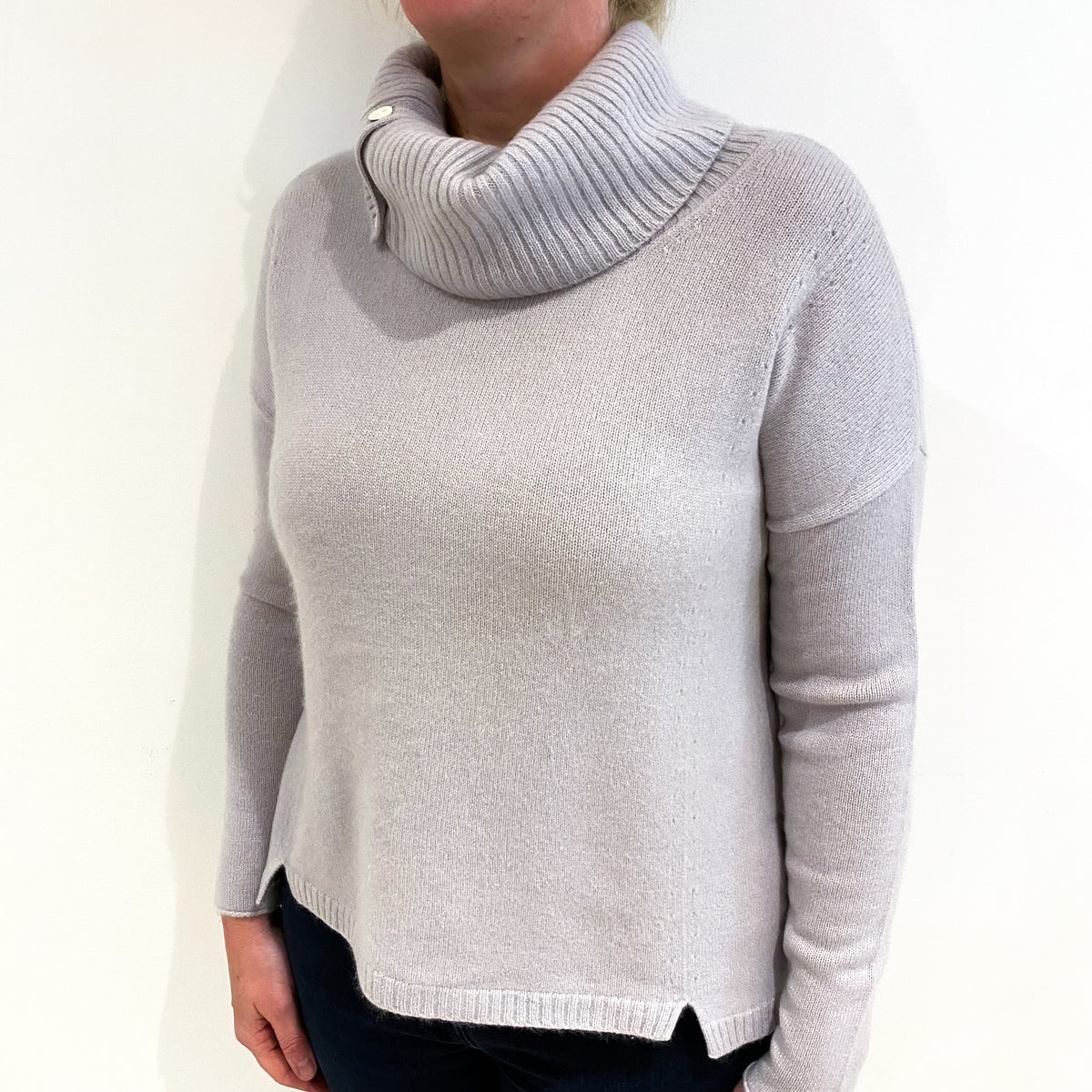 Frost Grey Cashmere Buttoned Cowl Neck Jumper Large