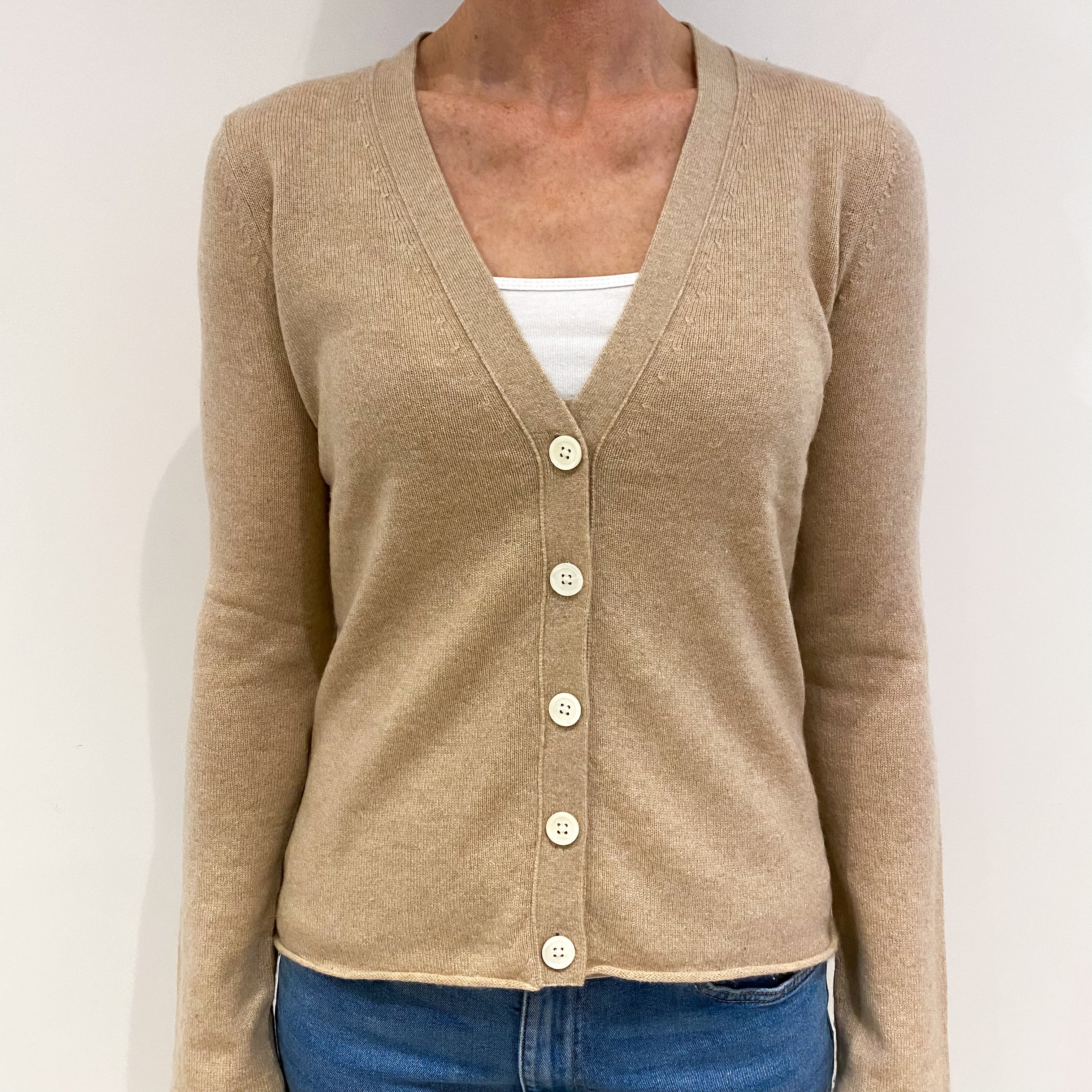 Buff Beige Cashmere V Neck Cardigan with Rolled Edges Small
