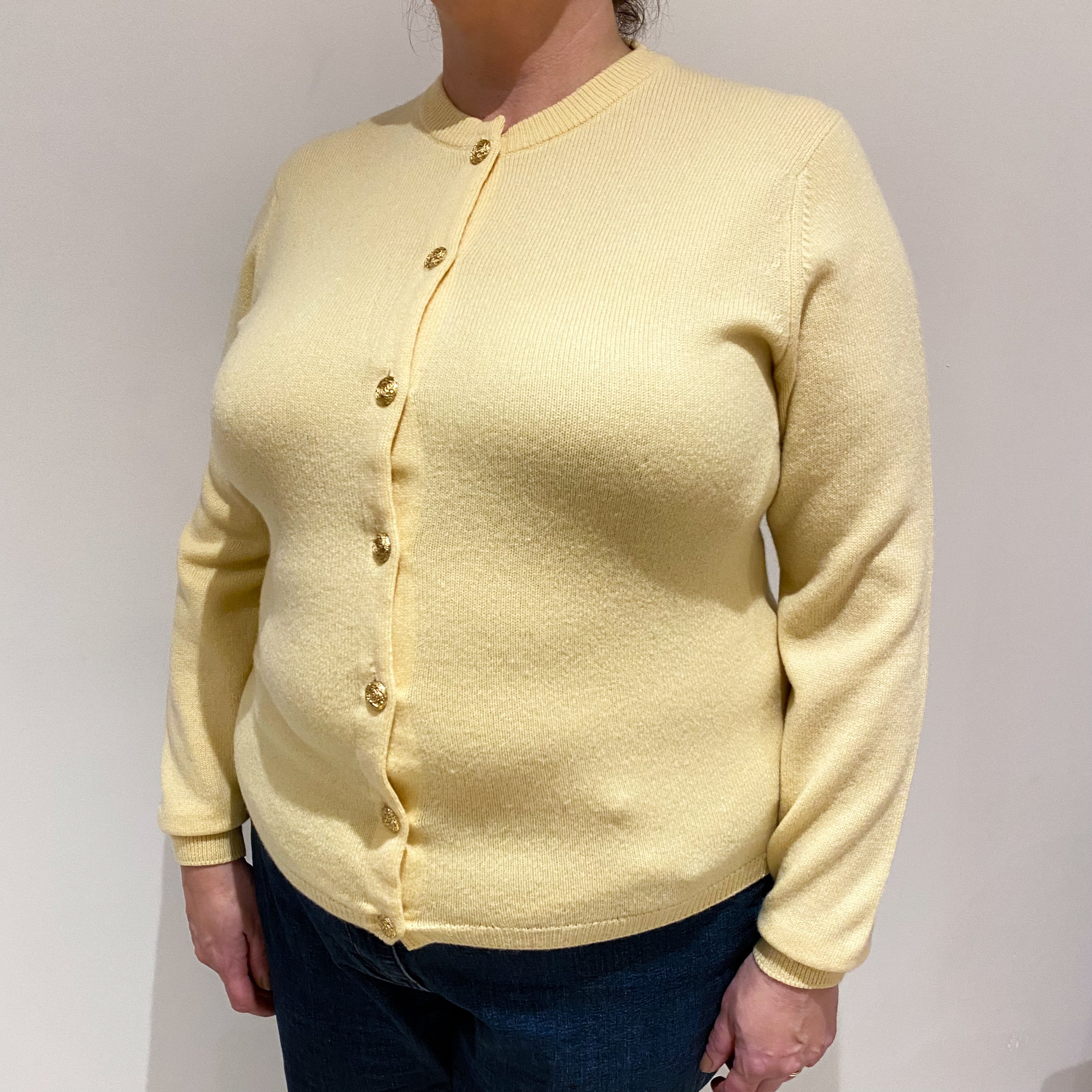 Vintage Pringle Custard Yellow Heavy Knit Cashmere Crew Cardigan Extra Large