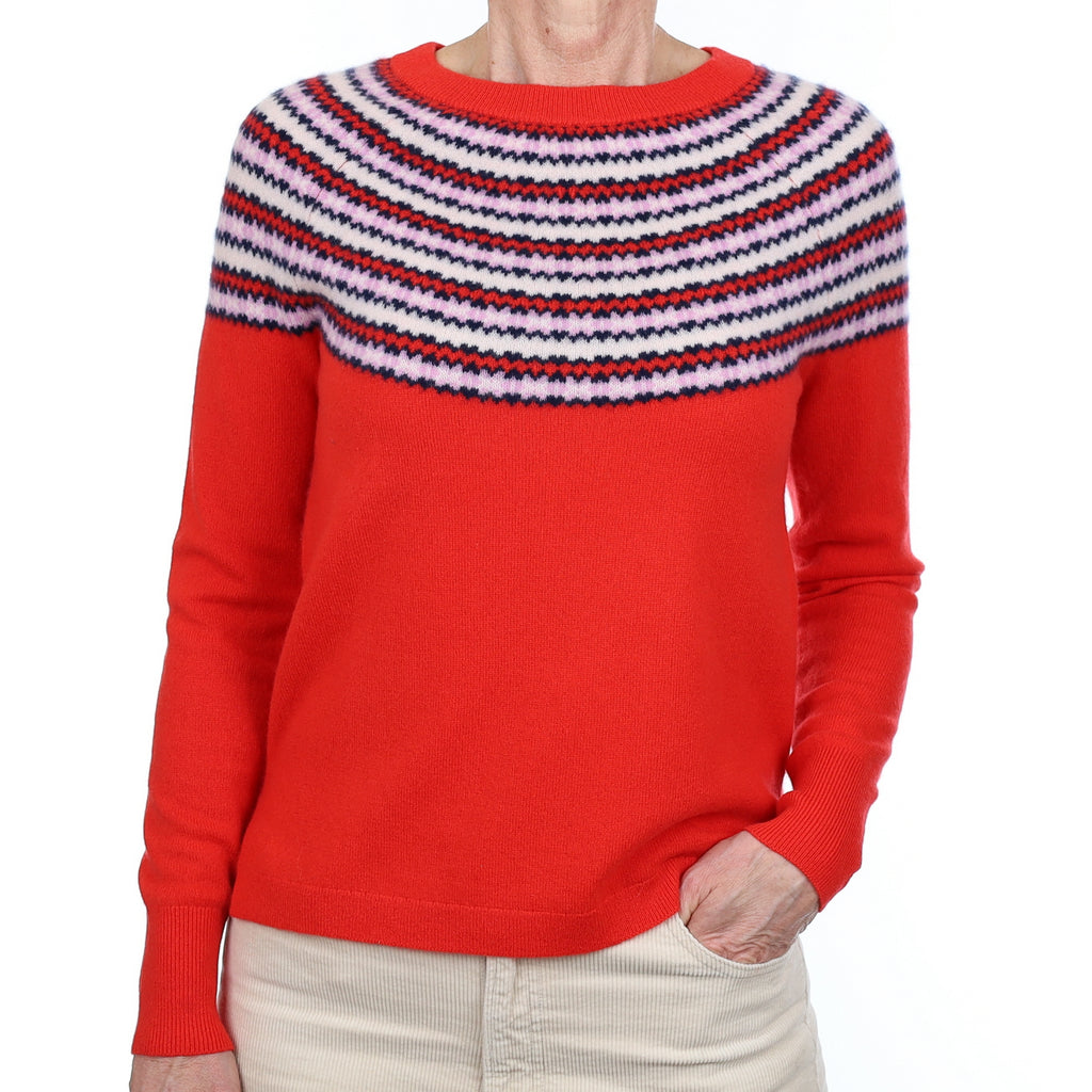 Scarlet Red Fair Isle Cashmere Crew Neck Jumper Small