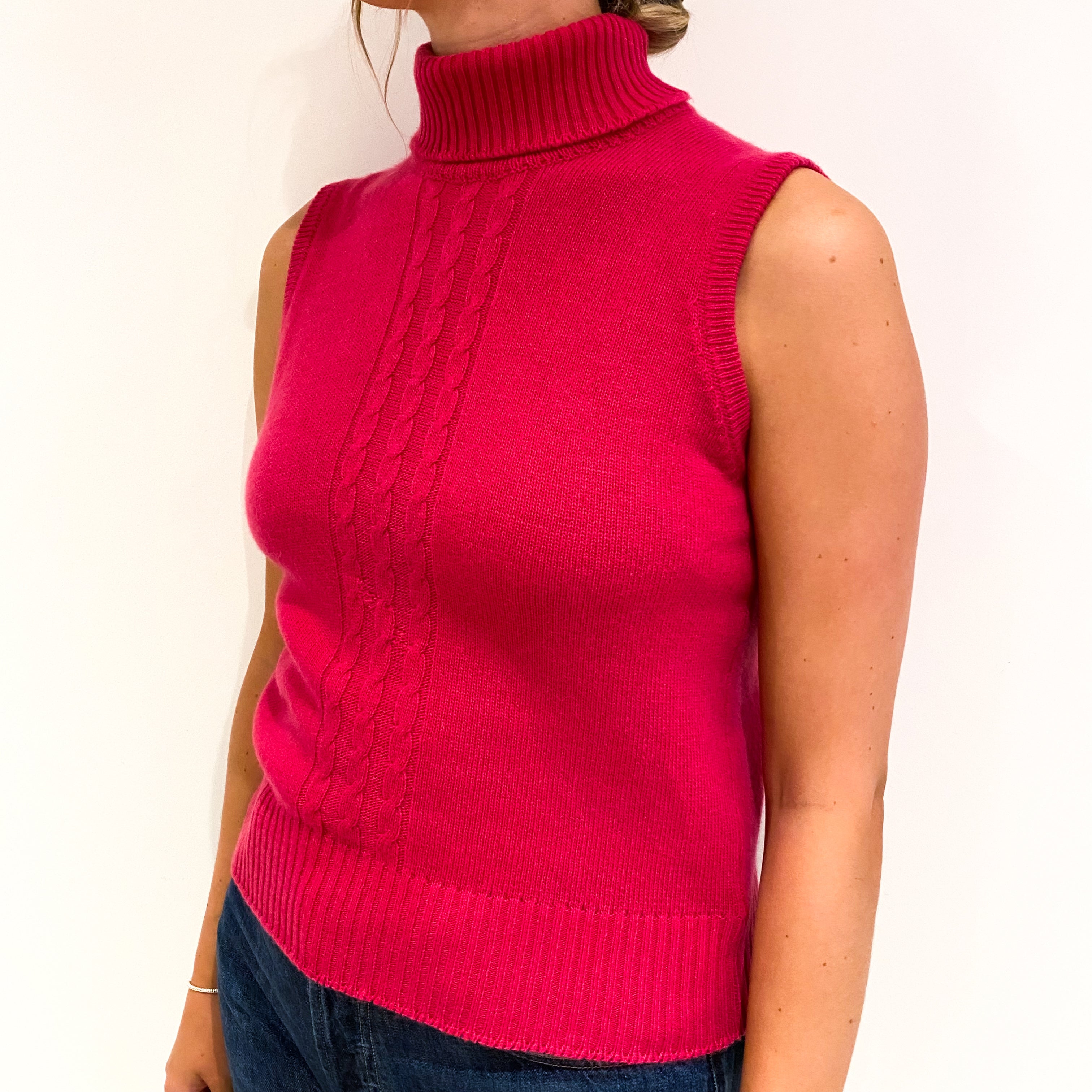 Scottish Fuchsia Pink Cashmere Sleeveless Polo Neck Jumper Small