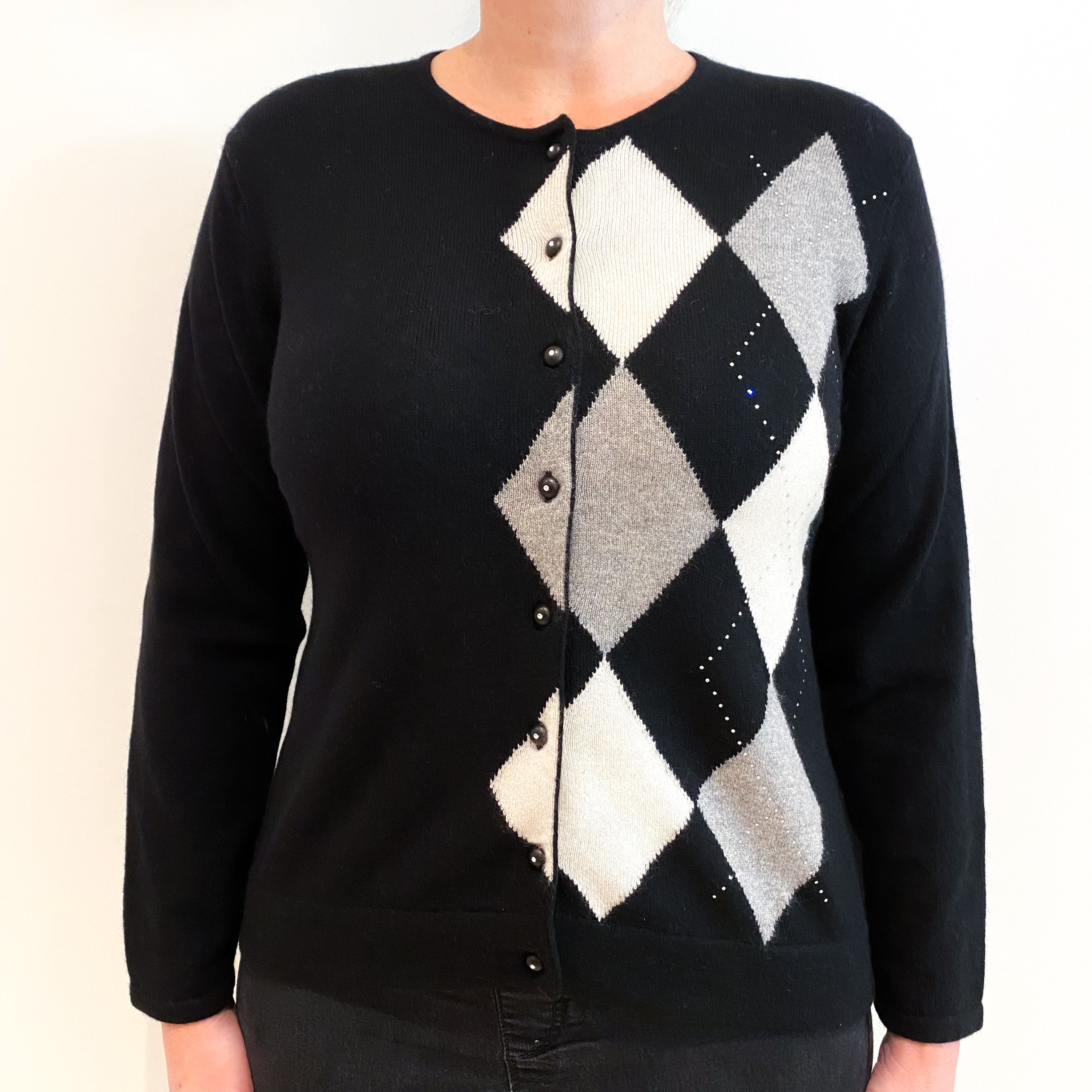 Black Grey Diamond Cashmere Crew Neck Cardigan Large
