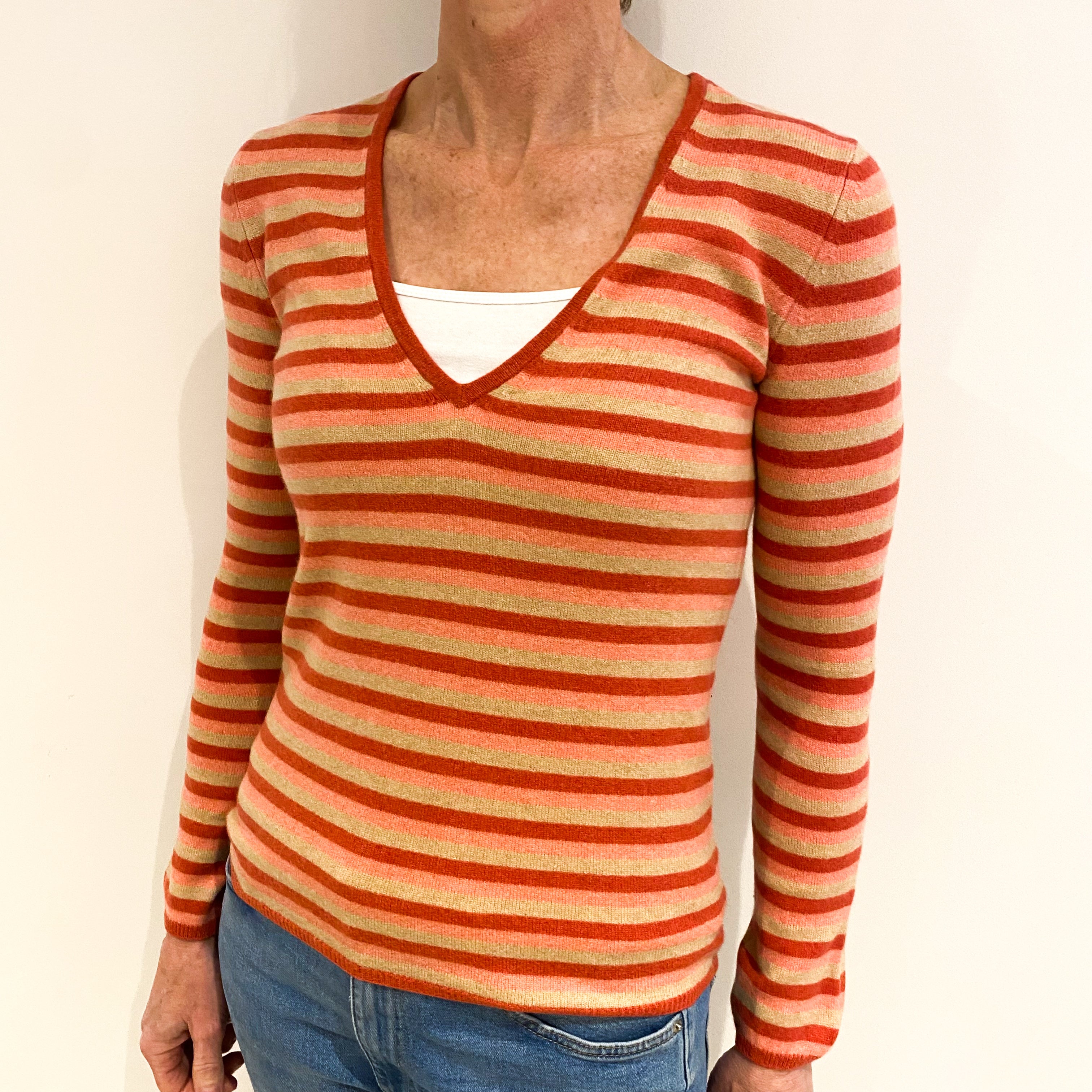 Crushed Strawberry And Beige Stripe Cashmere V Neck Jumper Small