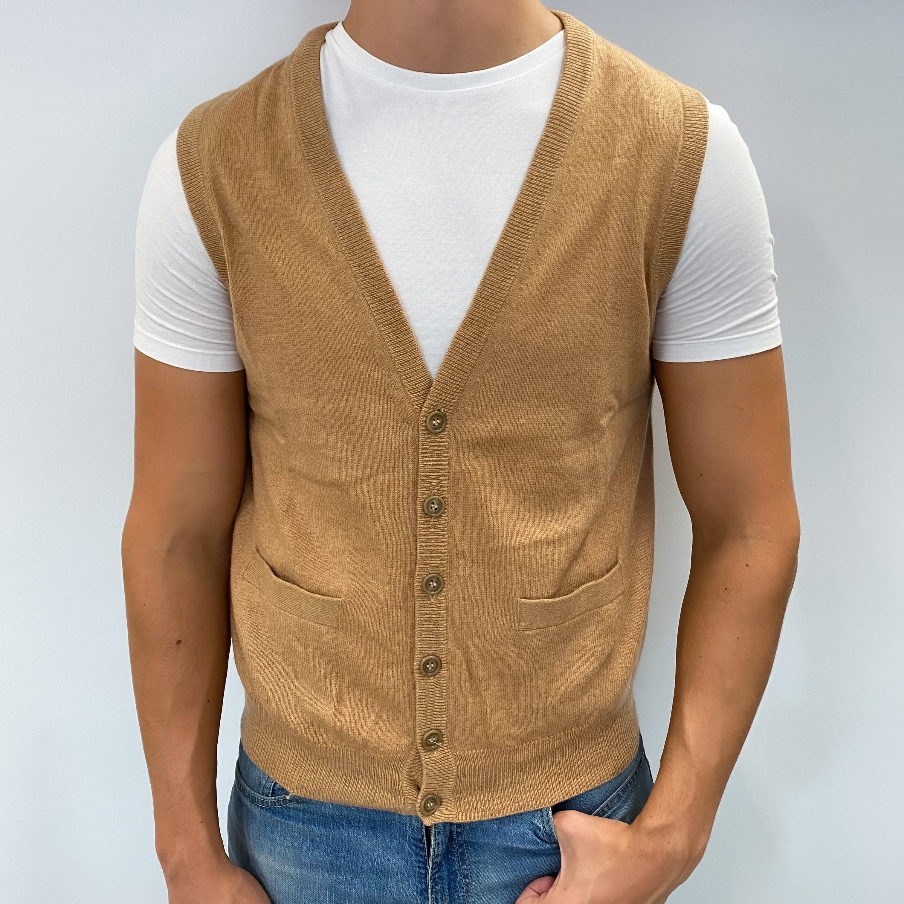 Men's Caramel Brown Cashmere V Neck Sleeveless Cardigan XL