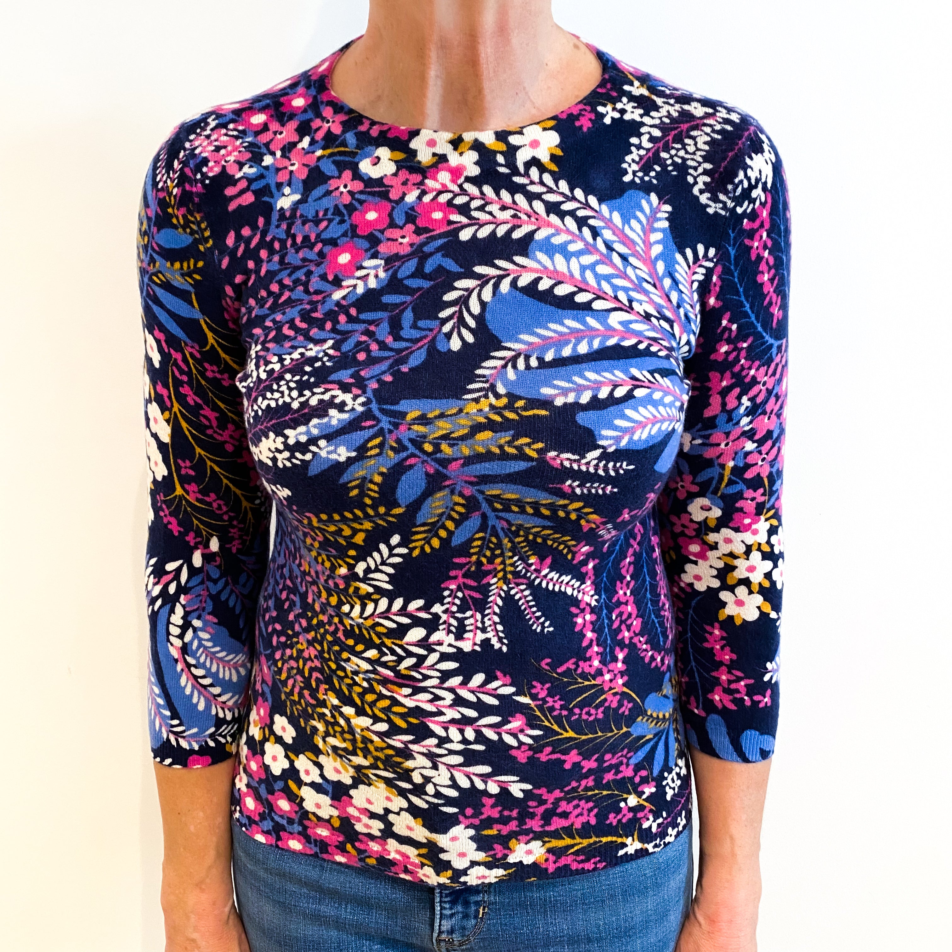 Blue Floral Print Cashmere Slash Neck Jumper Medium