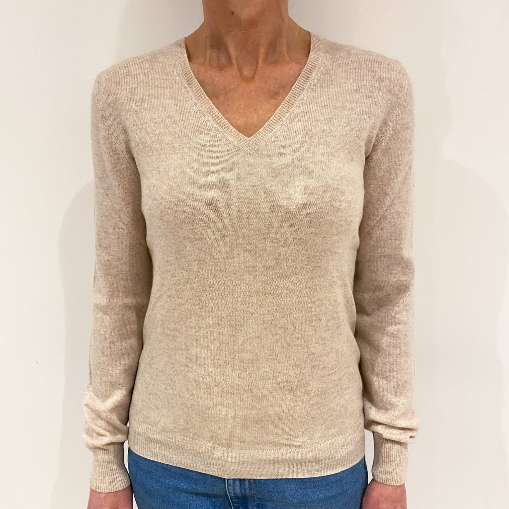 Honey Beige Cashmere V Neck Jumper Small