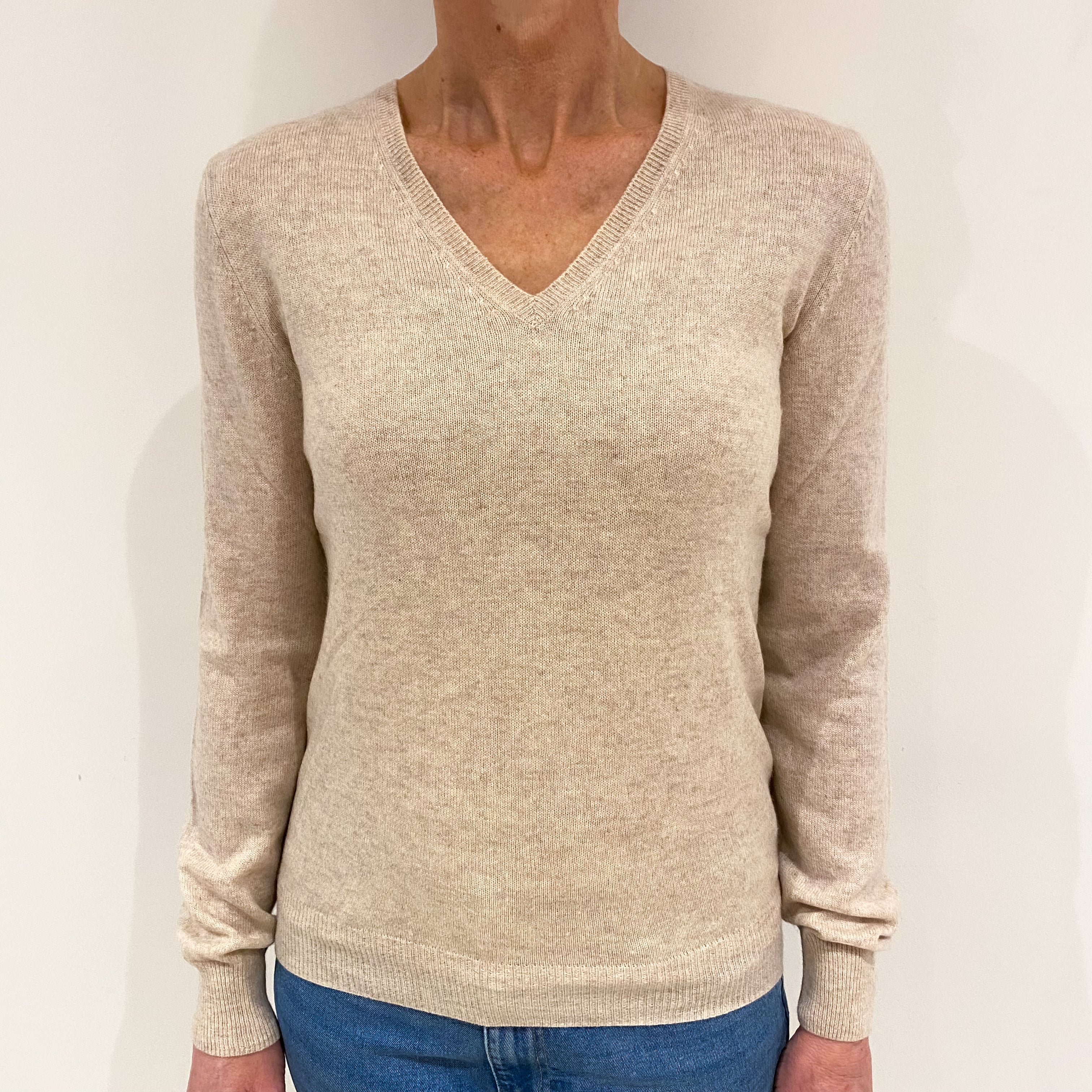 Honey Beige Cashmere V Neck Jumper Small
