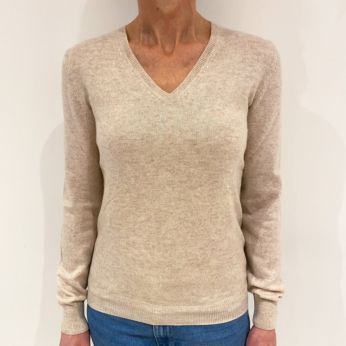 Honey Beige Cashmere V Neck Jumper Small
