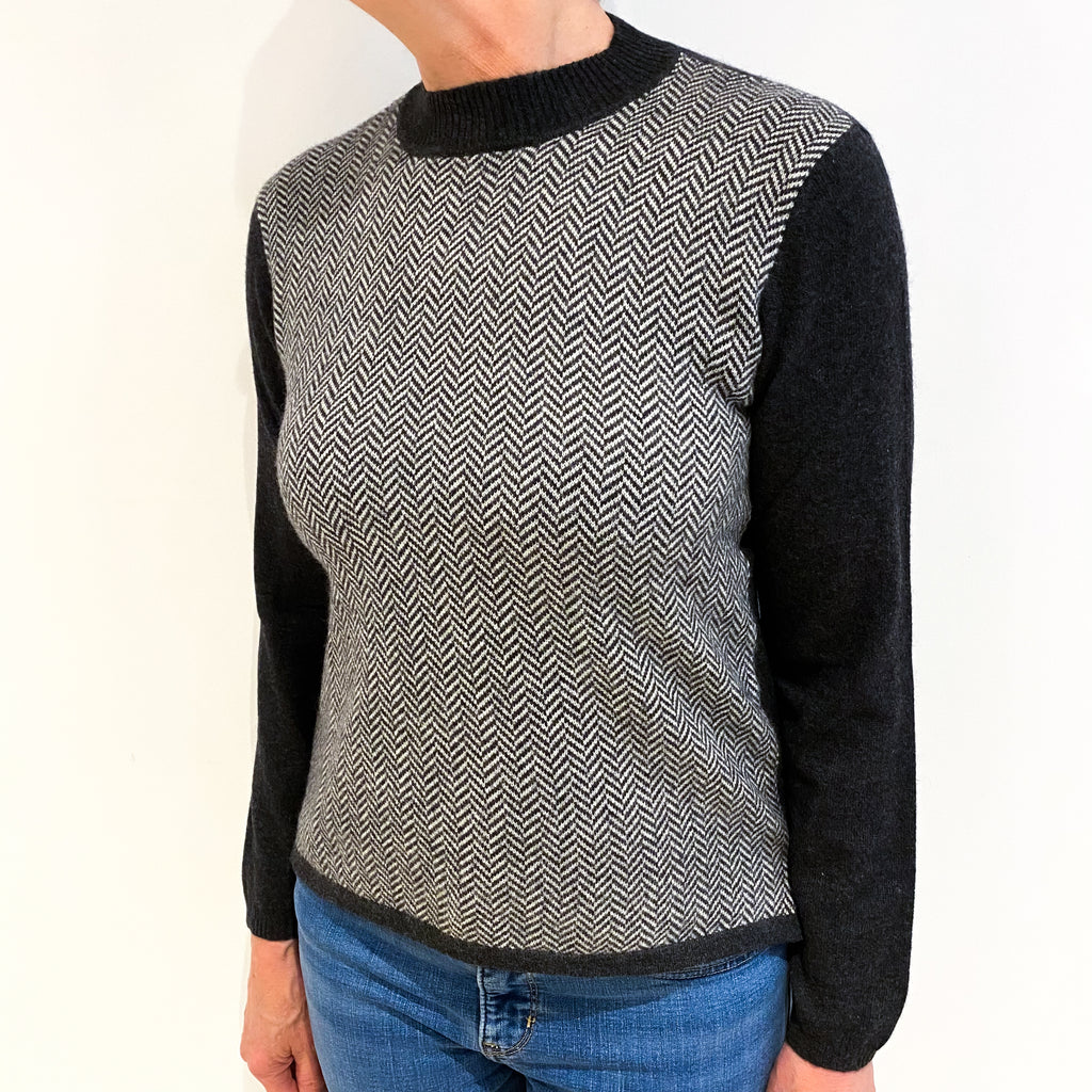 Charcoal Grey Herringbone Pattern Cashmere Turtle Neck Jumper Medium