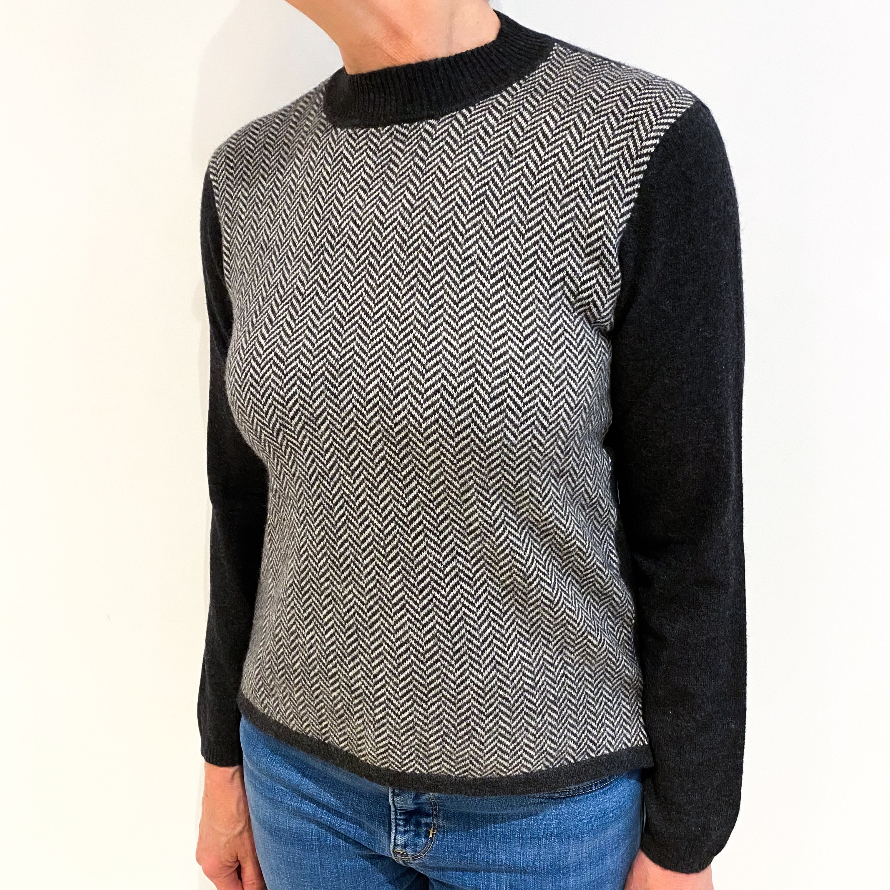 Charcoal Grey Herringbone Pattern Cashmere Turtle Neck Jumper Medium