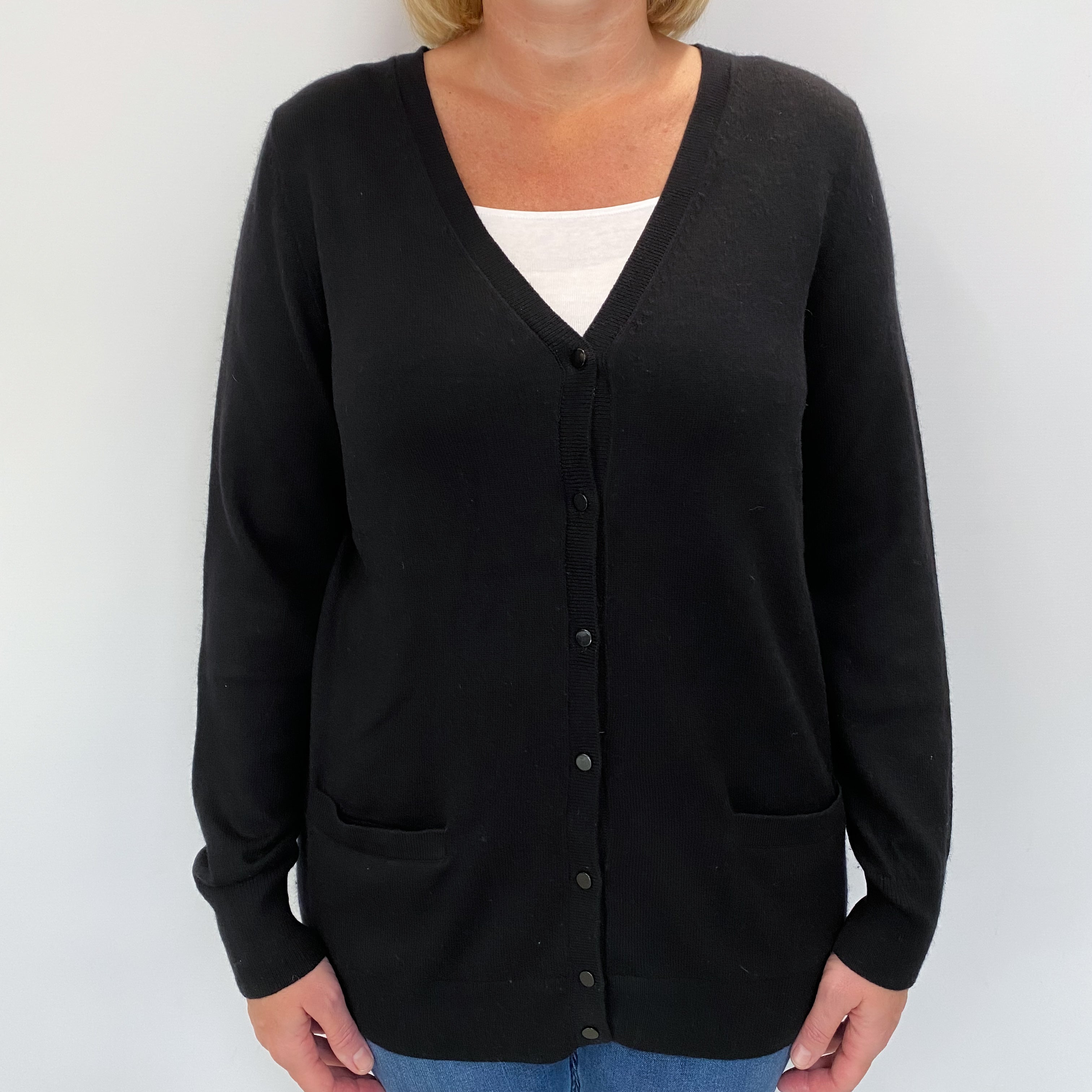 Black Cashmere V Neck Cardigan Large