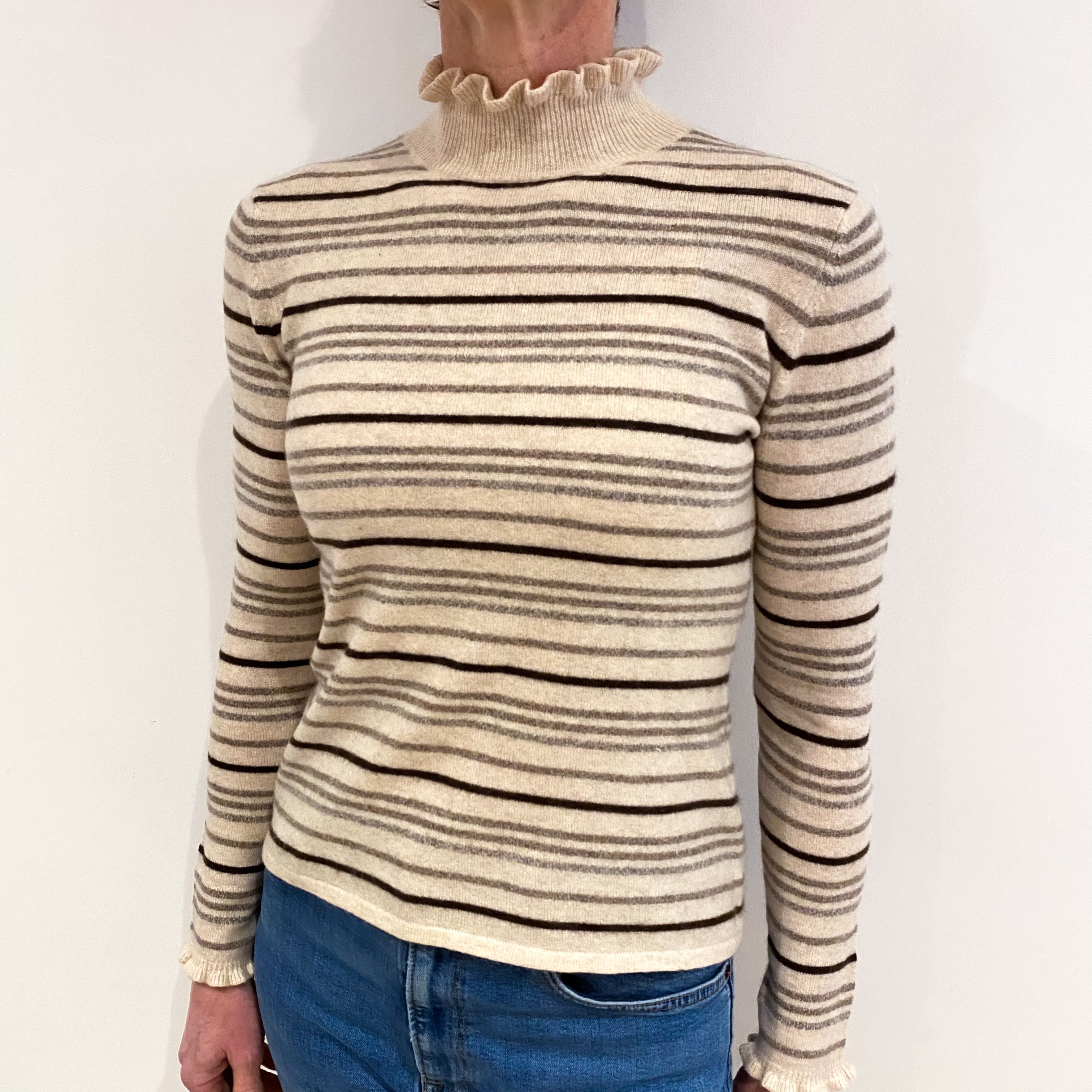 Oatmeal Beige Striped Cashmere Frilled Turtle Neck Jumper Small