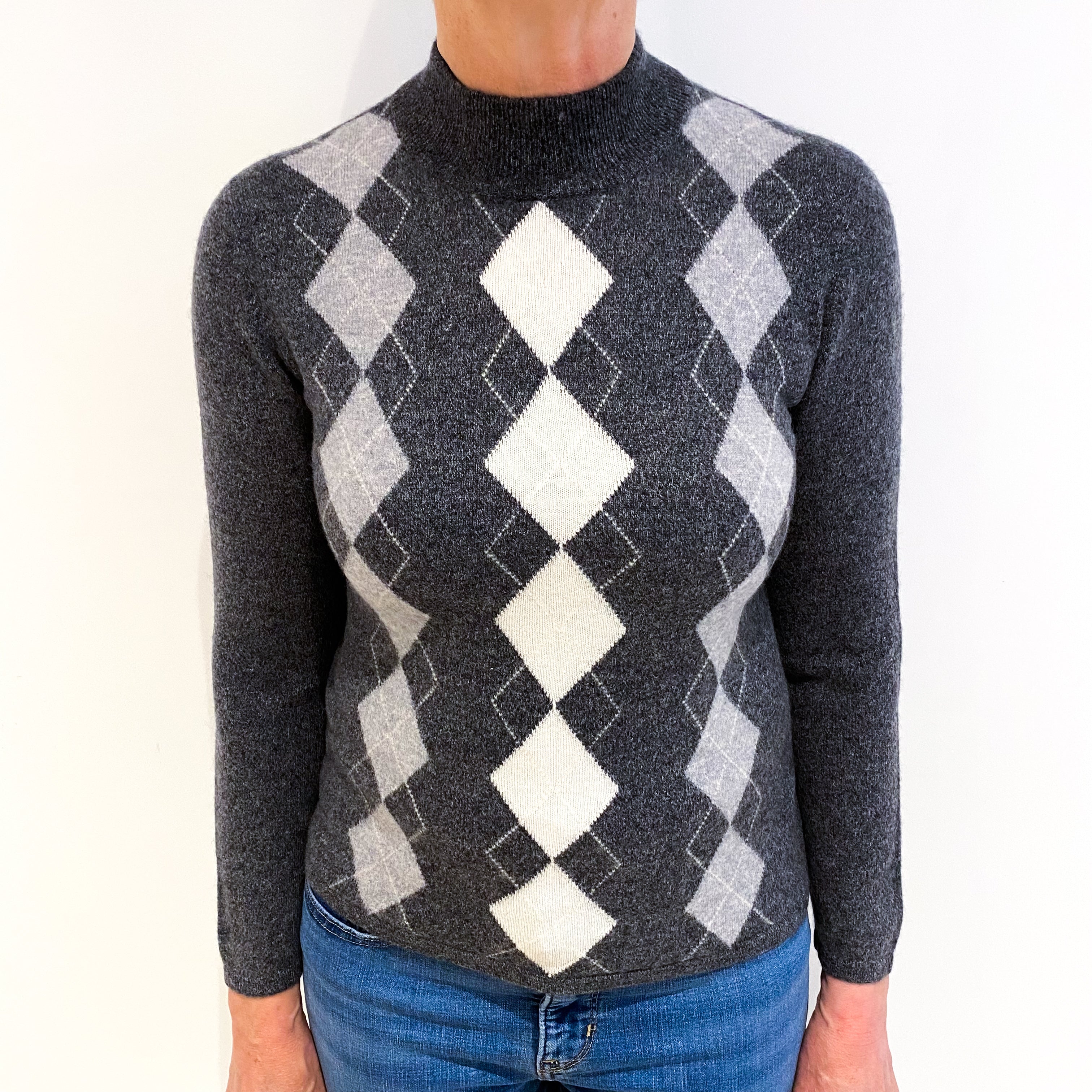 Slate Grey Marl Diamond Pattern Cashmere Turtle Neck Jumper Medium