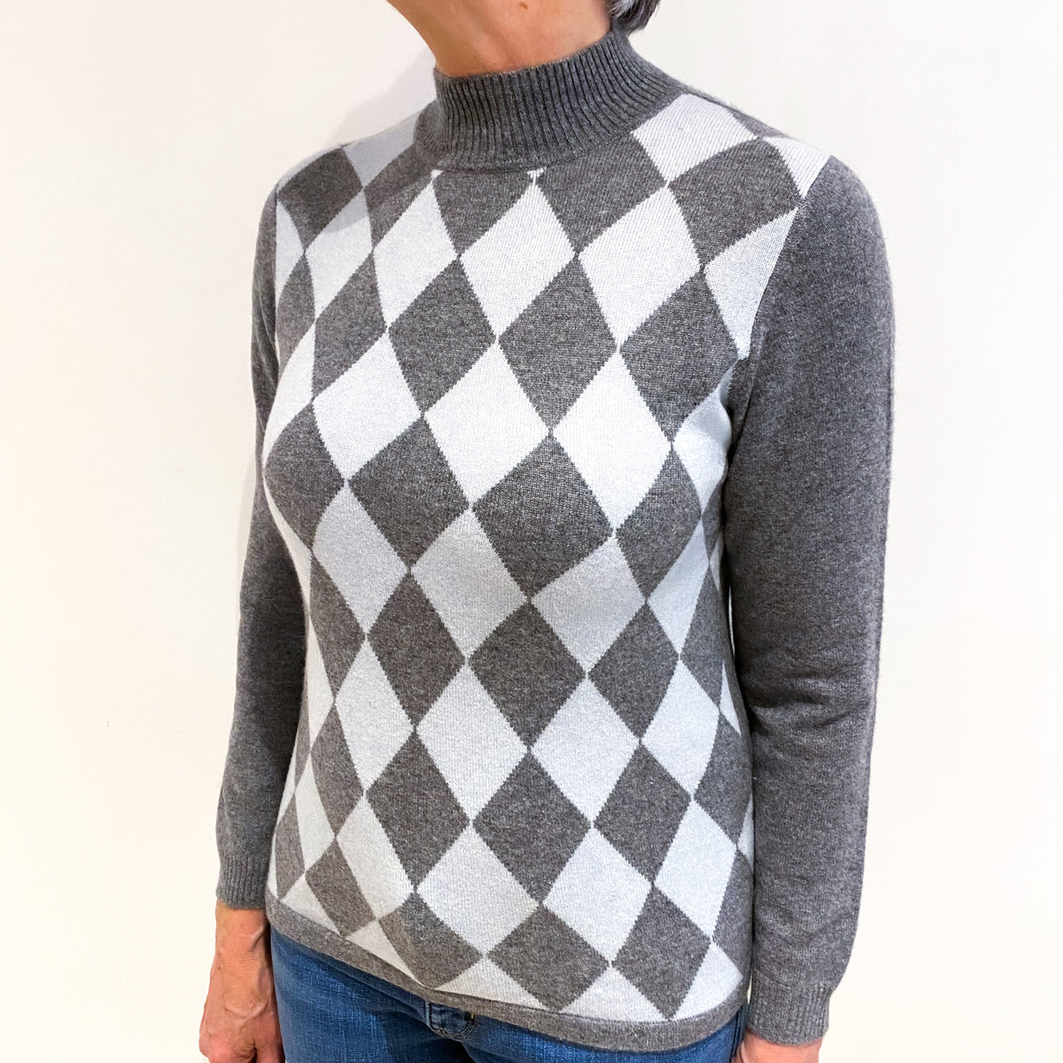 Steel Grey And Ice Blue Diamond Design Cashmere Polo Neck Jumper Medium