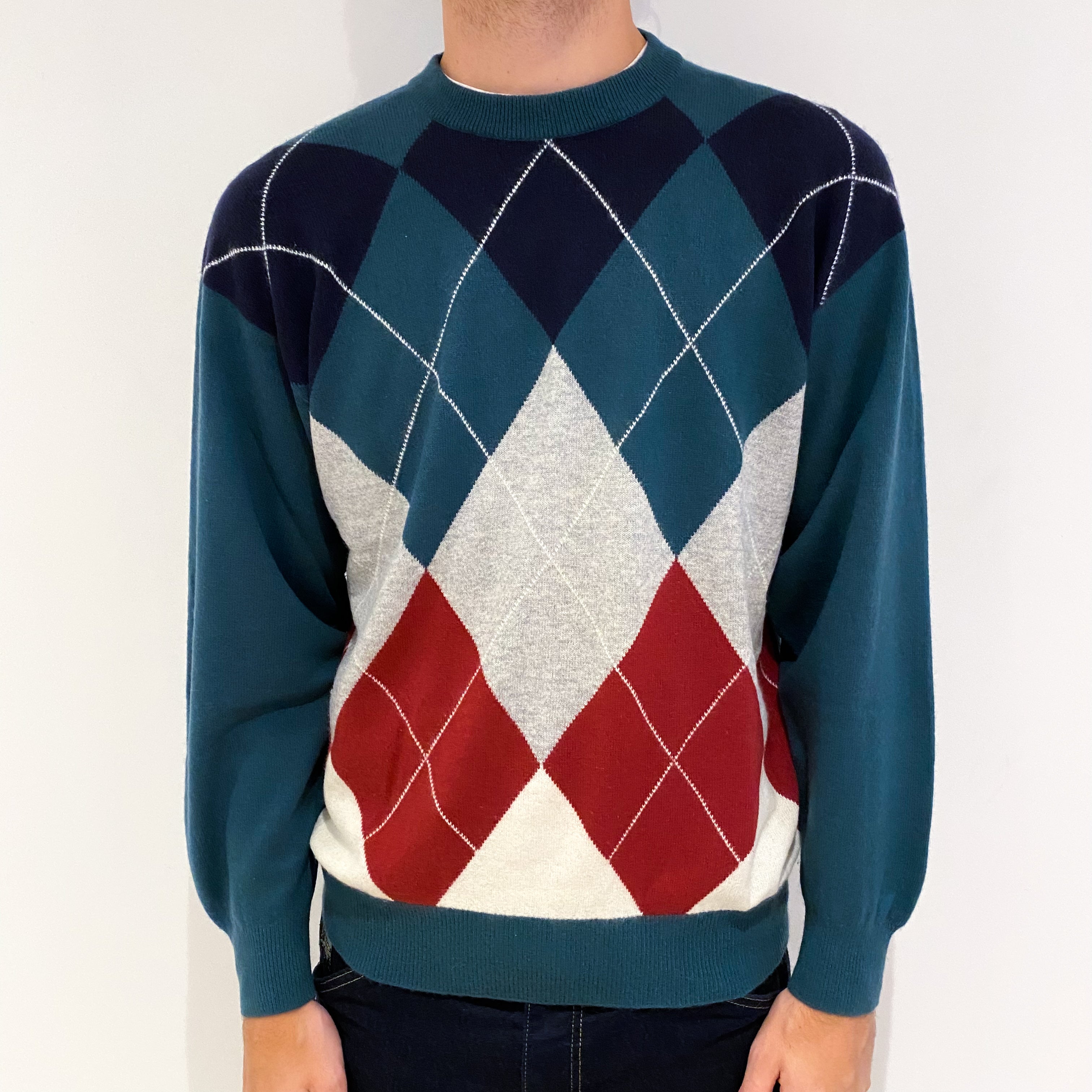 Men's Multicolour Diamond Cashmere Crew Neck Jumper Medium