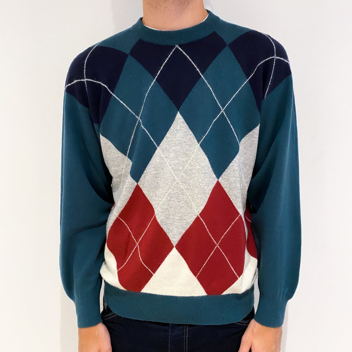 Men's Multicolour Diamond Cashmere Crew Neck Jumper Medium