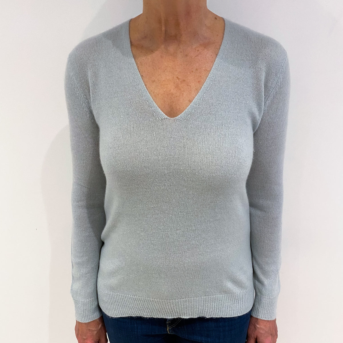 Light Mint Green Cashmere V Neck Lightweight Jumper Medium
