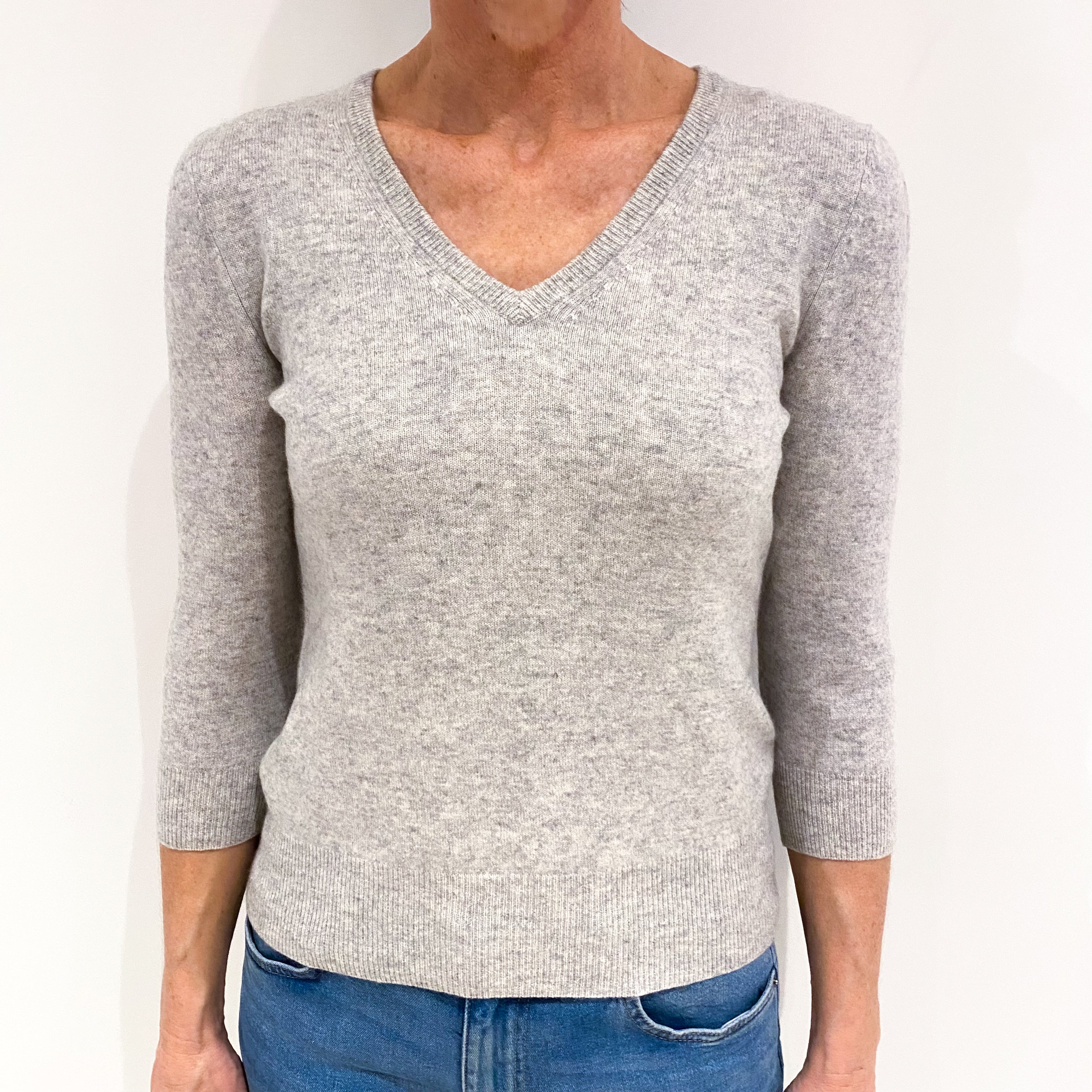 Mist Grey 3/4 Sleeve Cashmere V Neck Jumper Small