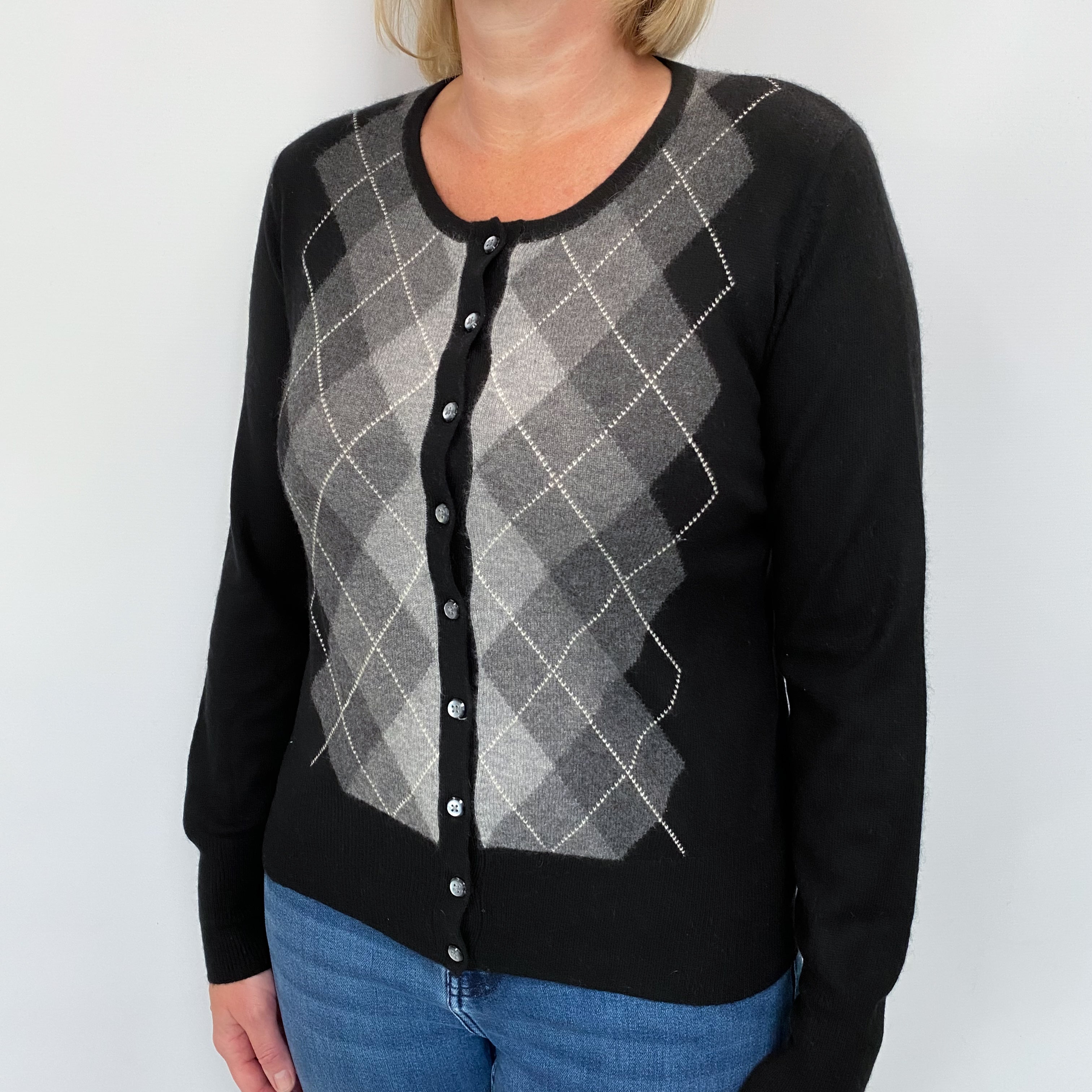 Black Grey Argyle Cashmere Crew Neck Cardigan Large