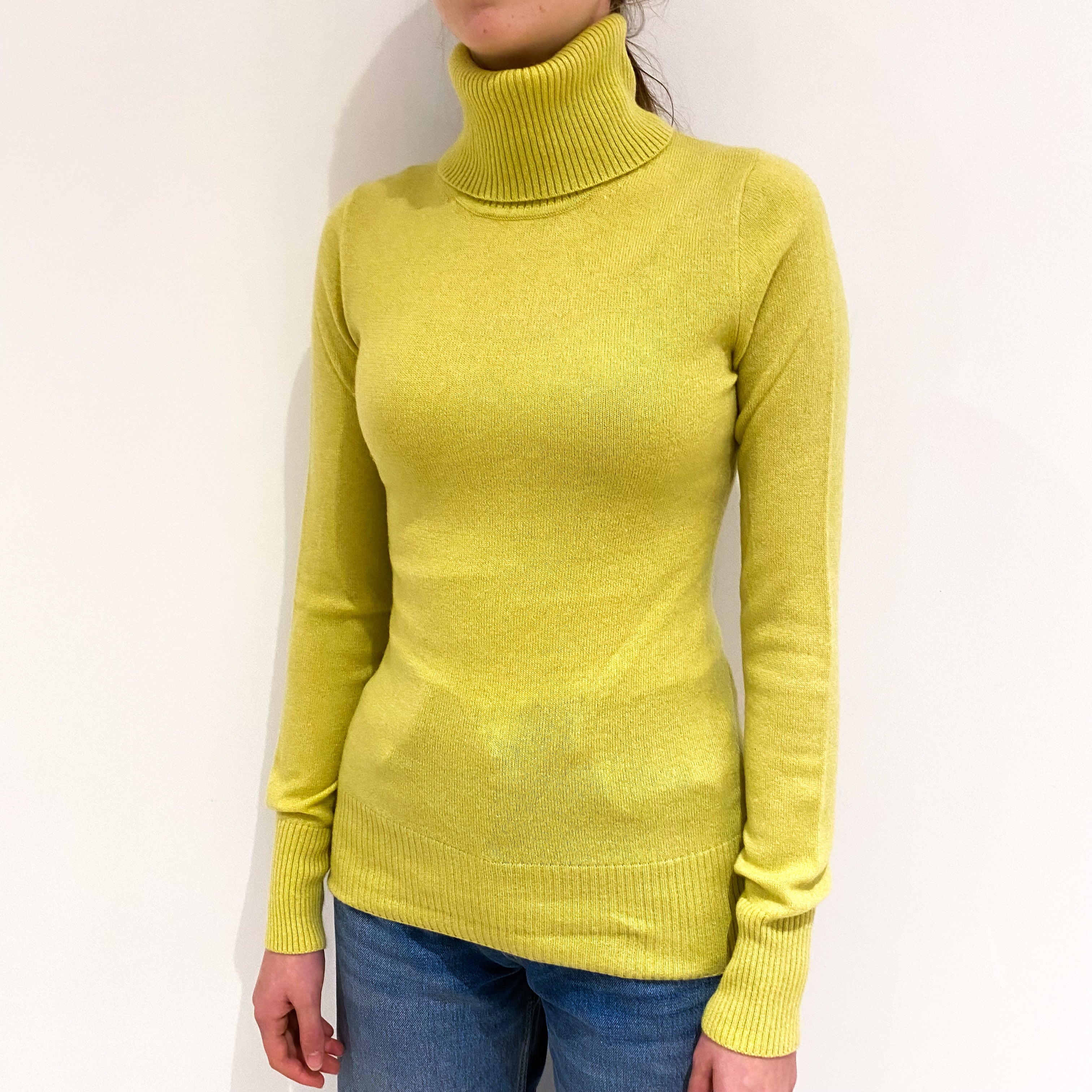 Green Yellow Cashmere Polo Neck Jumper Extra Small