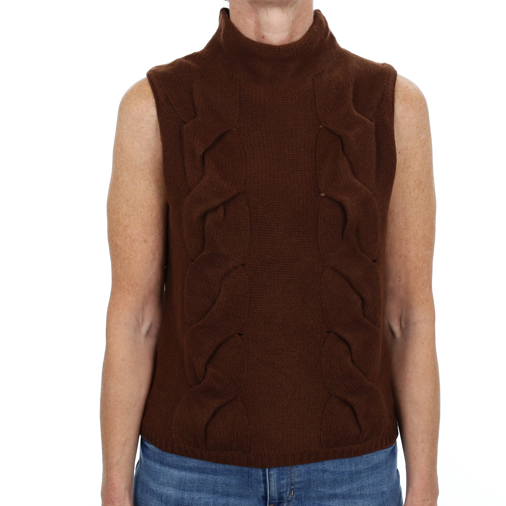 Dark Chocolate Brown Cashmere Turtle Neck Sleeveless Jumper Small