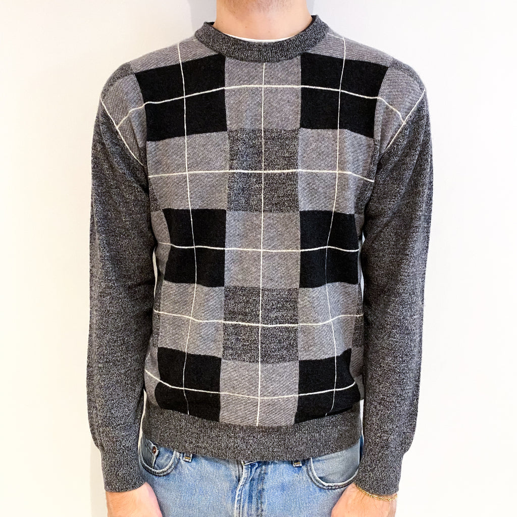 Men's Steel Grey Marl Checked Cashmere Crew Neck Jumper Medium