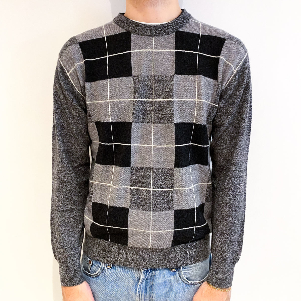 Men's Steel Grey Marl Checked Cashmere Crew Neck Jumper Medium