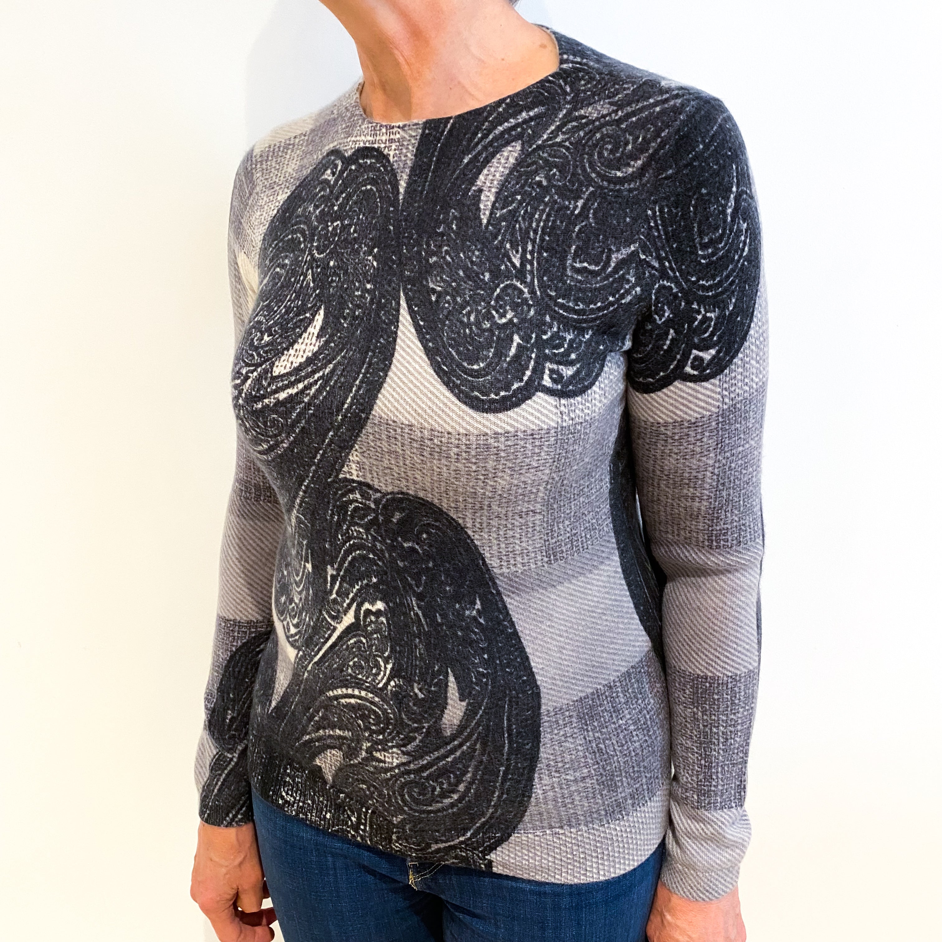 Grey Paisley Cashmere Crew Neck Jumper Medium