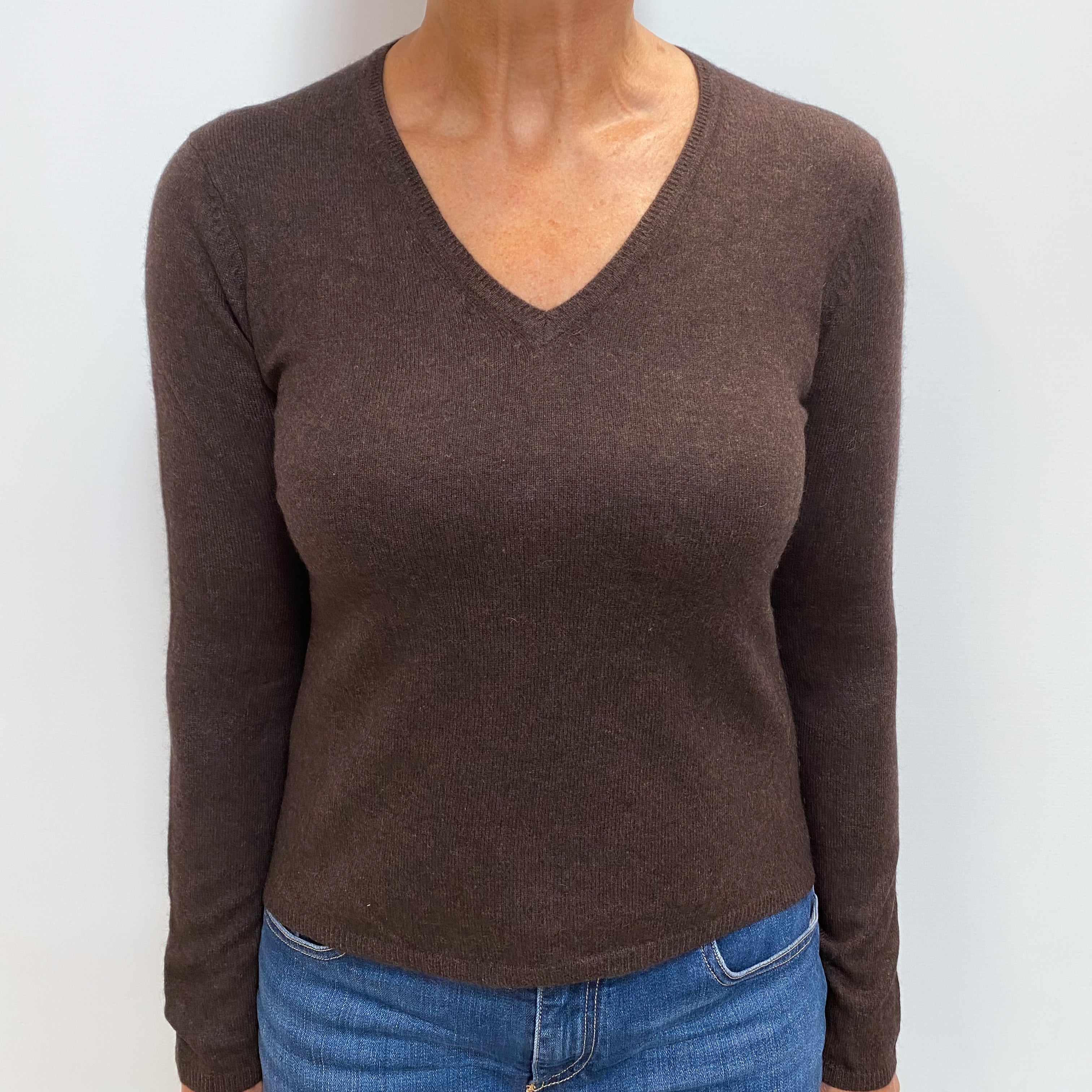 Peppercorn Brown Cashmere V Neck Jumper Medium