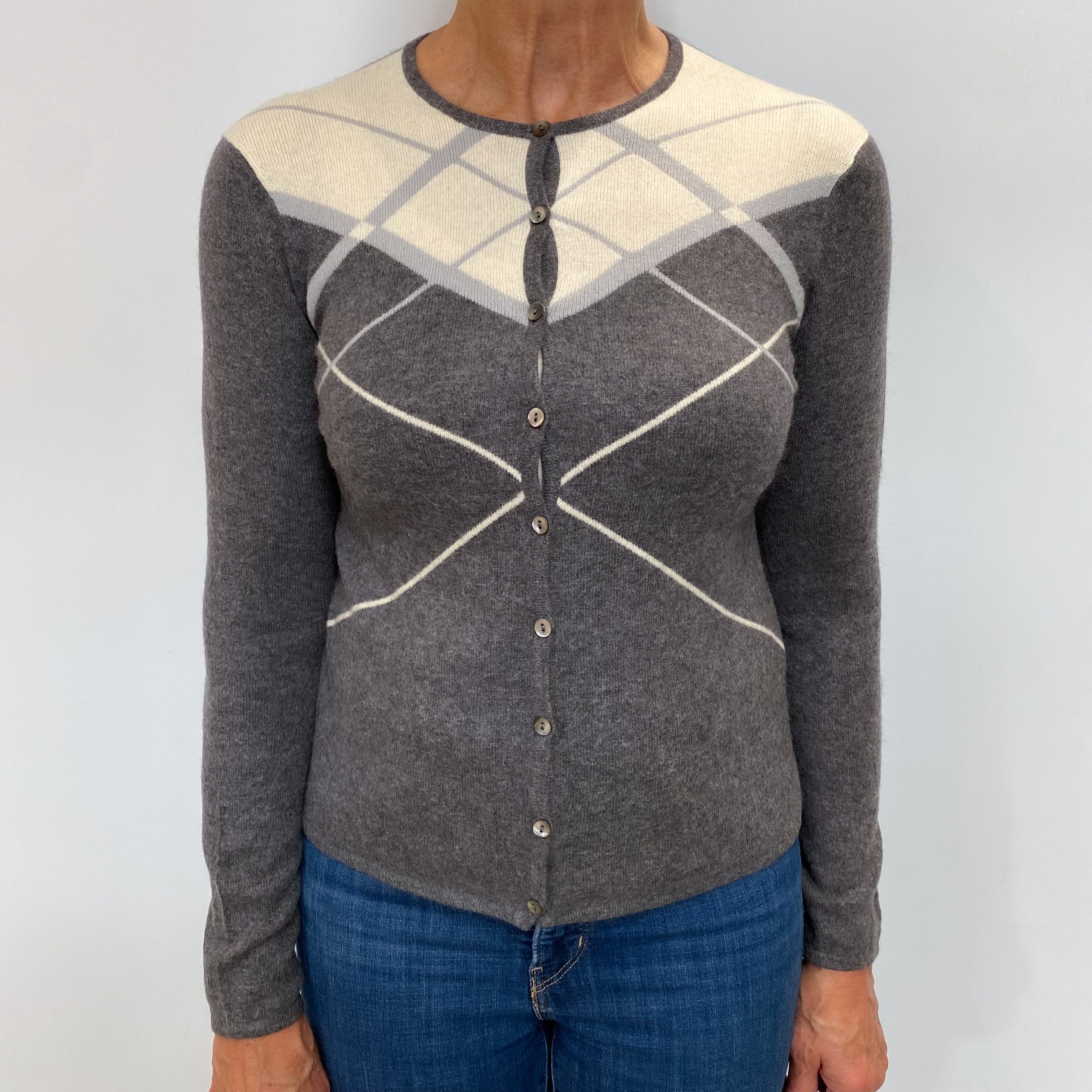 Slate Grey Patterned Cashmere Crew Neck Cardigan Medium