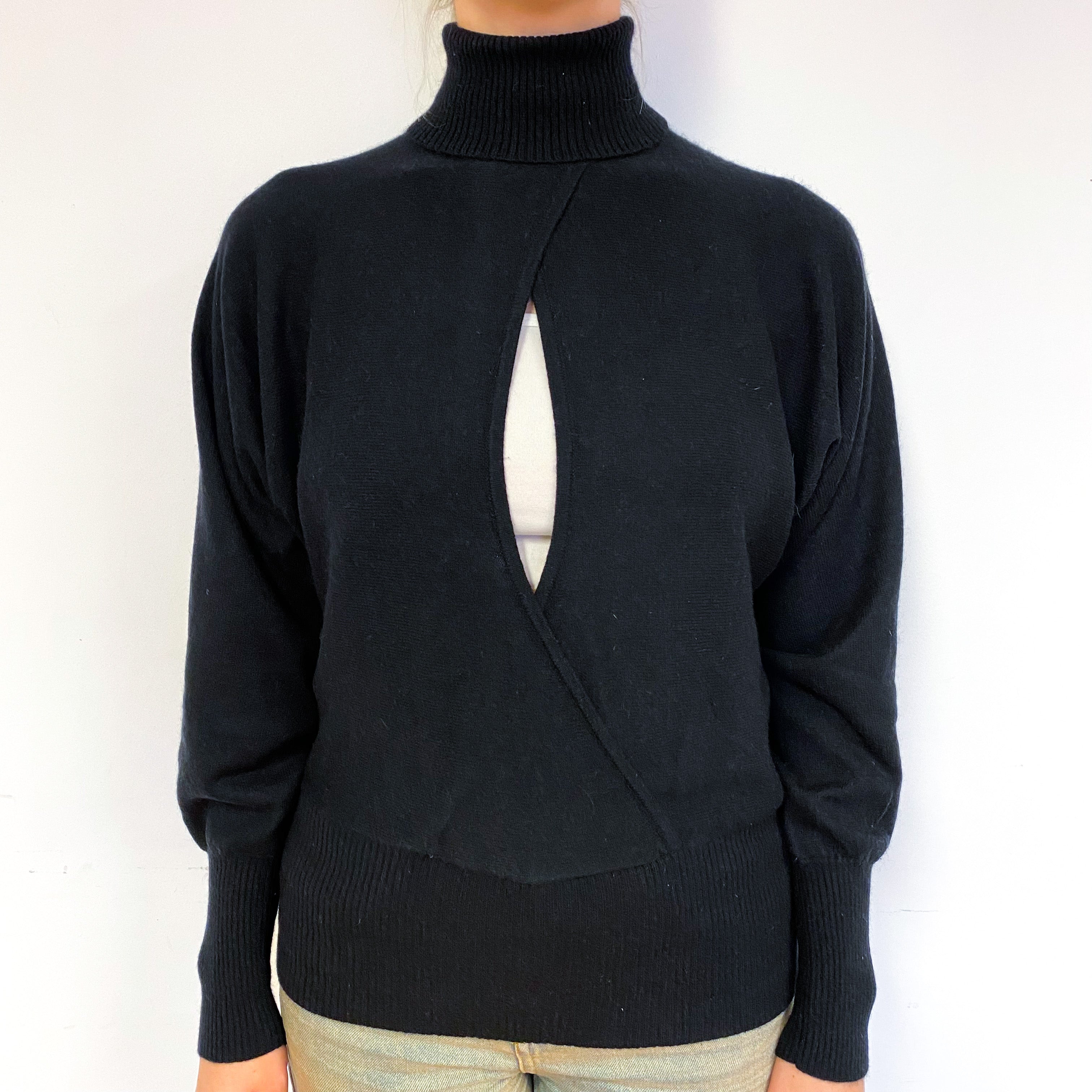 Black Batwing Open Front Cashmere Polo Neck Jumper Small