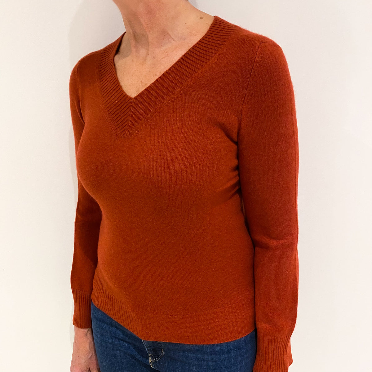 Rust Red Cashmere V Neck Jumper Medium