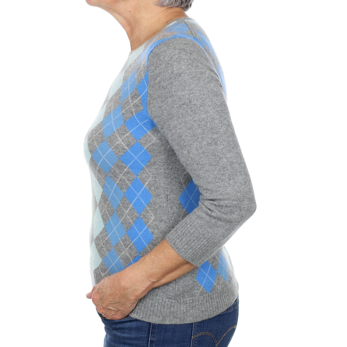 Grey Blue Argyle Cashmere Crew Neck Jumper Medium