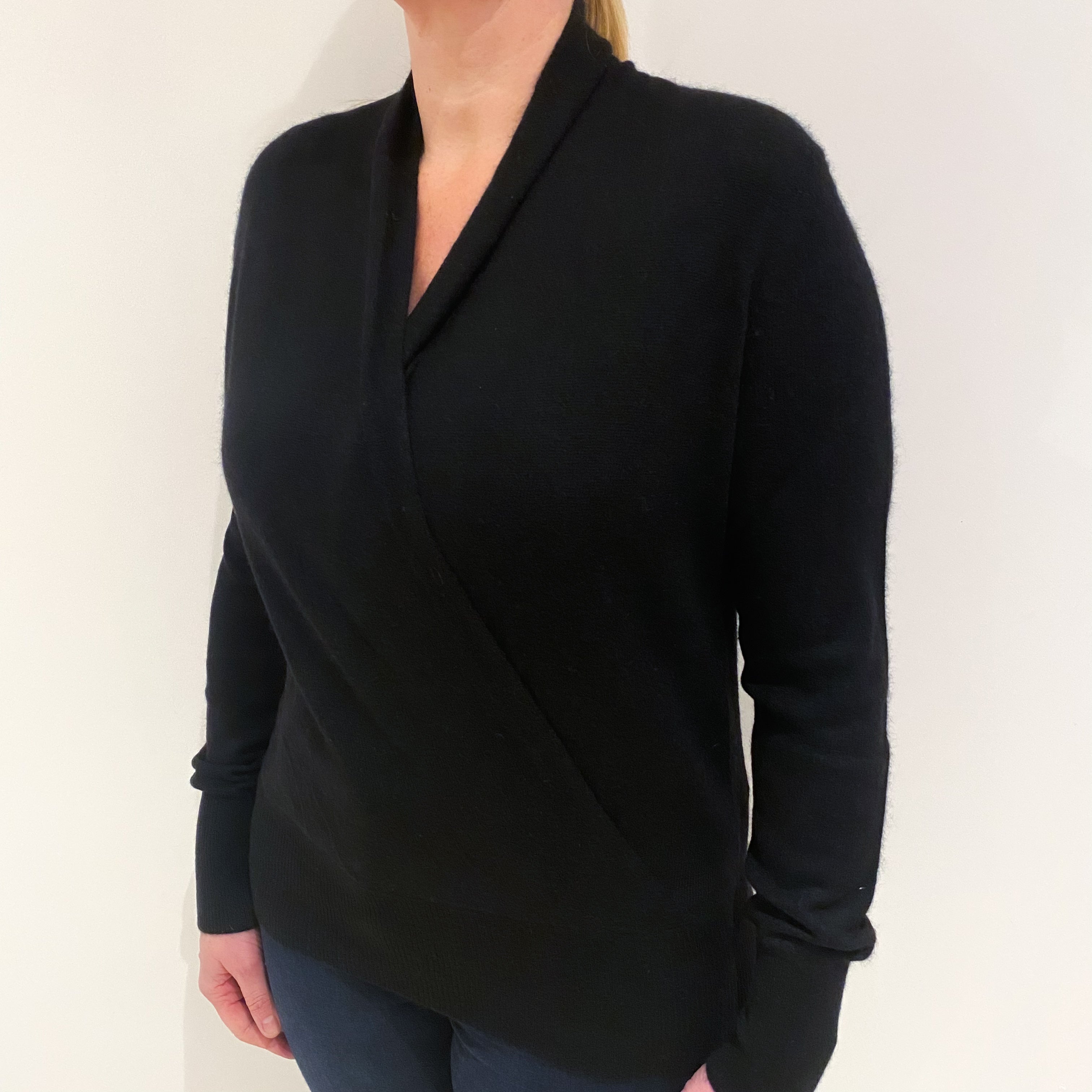 Black Crossover Cashmere V Neck Jumper Large