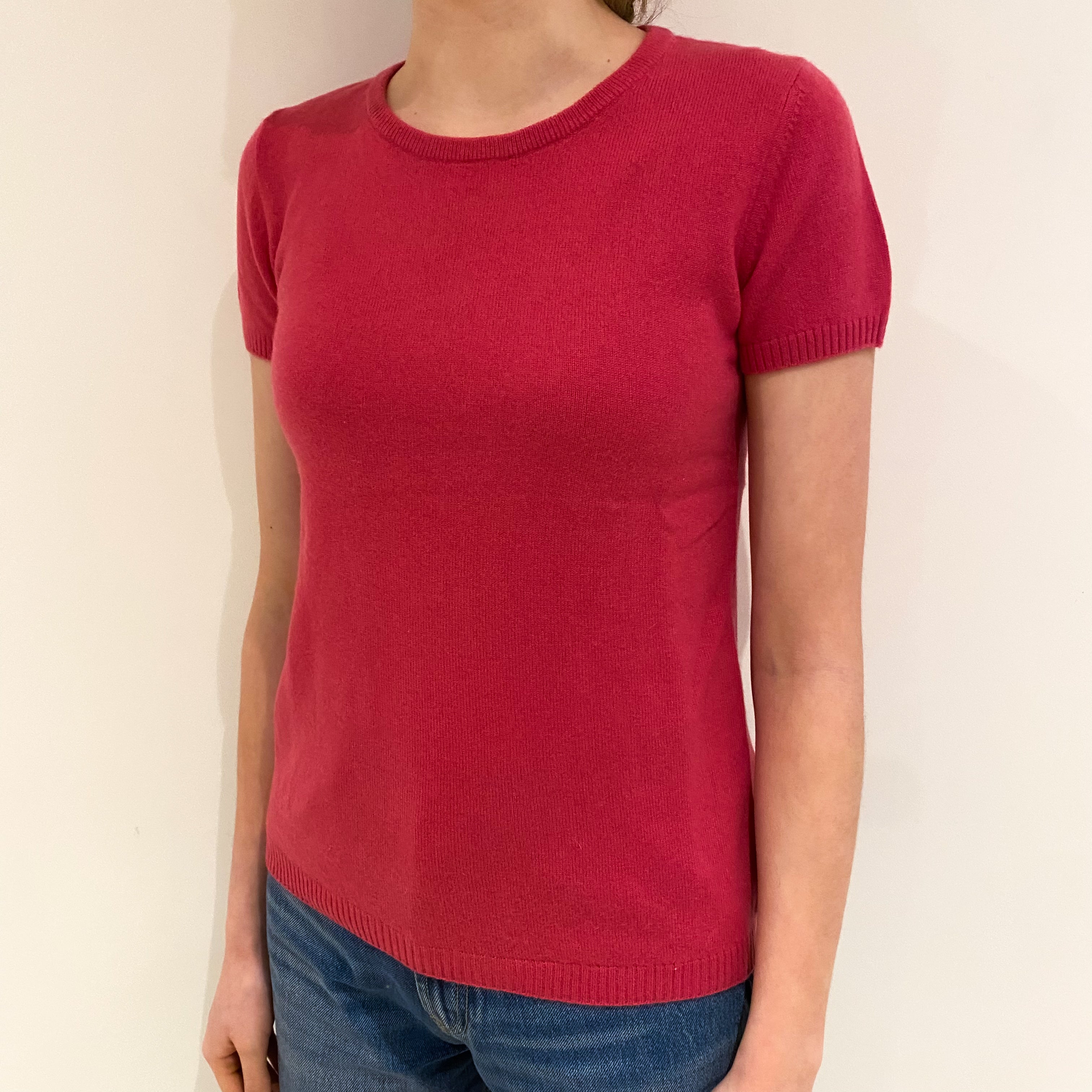 Raspberry Pink Cashmere Short Sleeve Crew Neck Jumper Extra Small