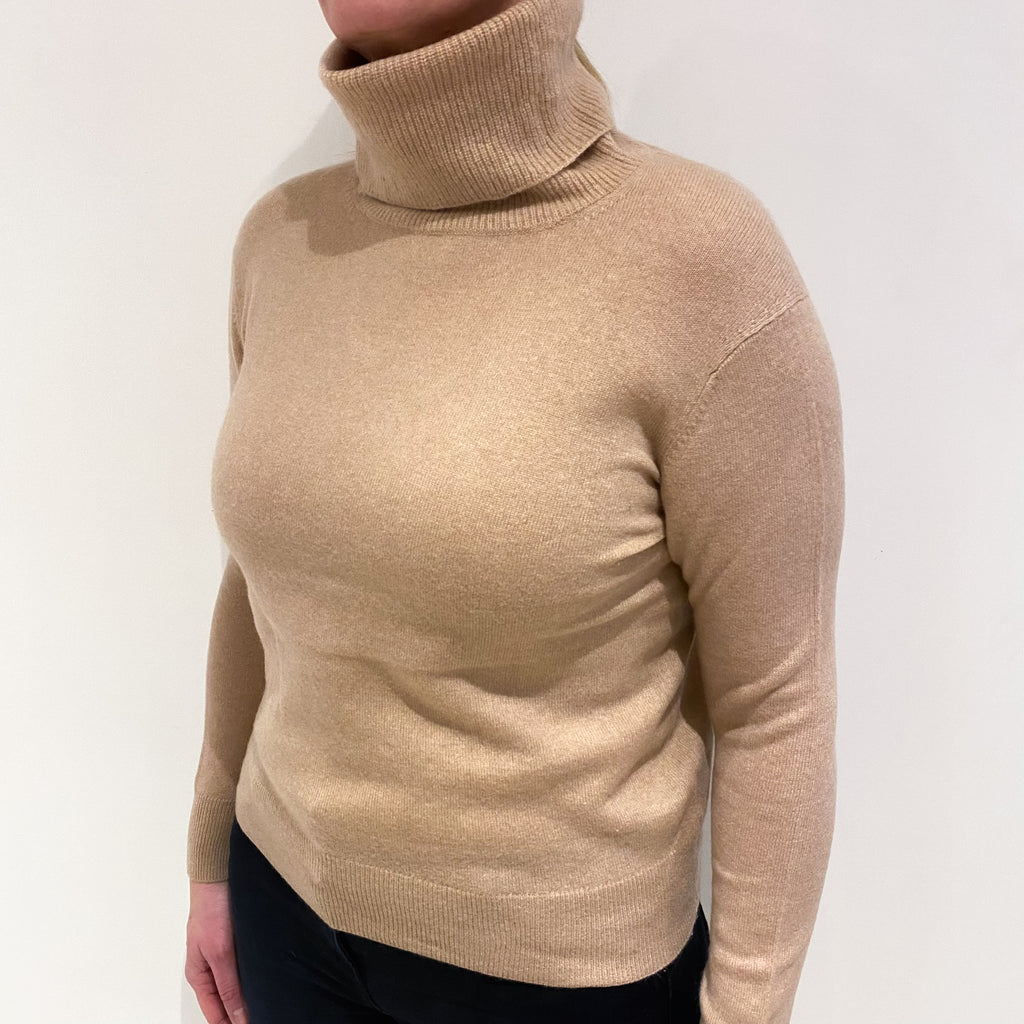 Buff Beige Cashmere Polo Neck Jumper Large