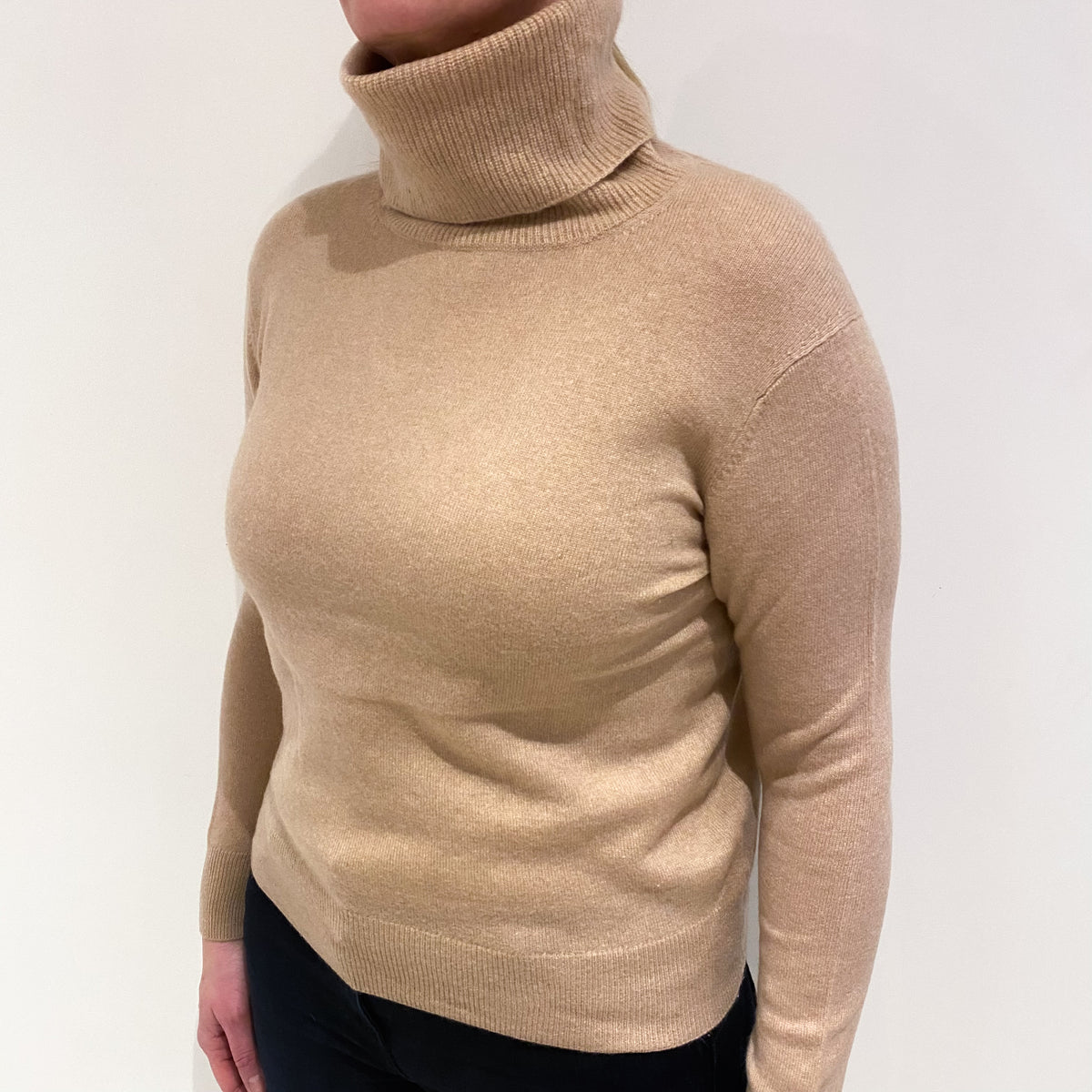 Buff Beige Cashmere Polo Neck Jumper Large