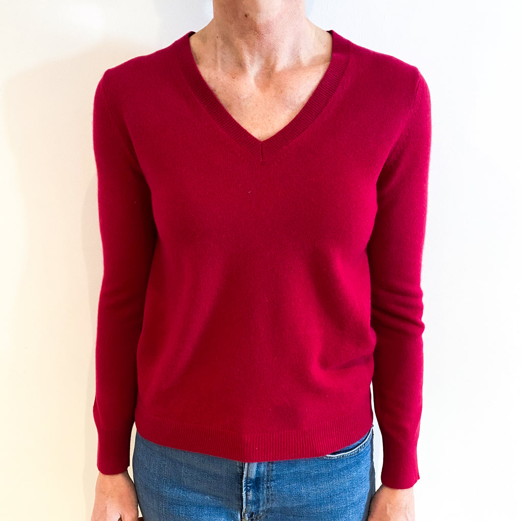 Cherry Red Cashmere V Neck Jumper Small