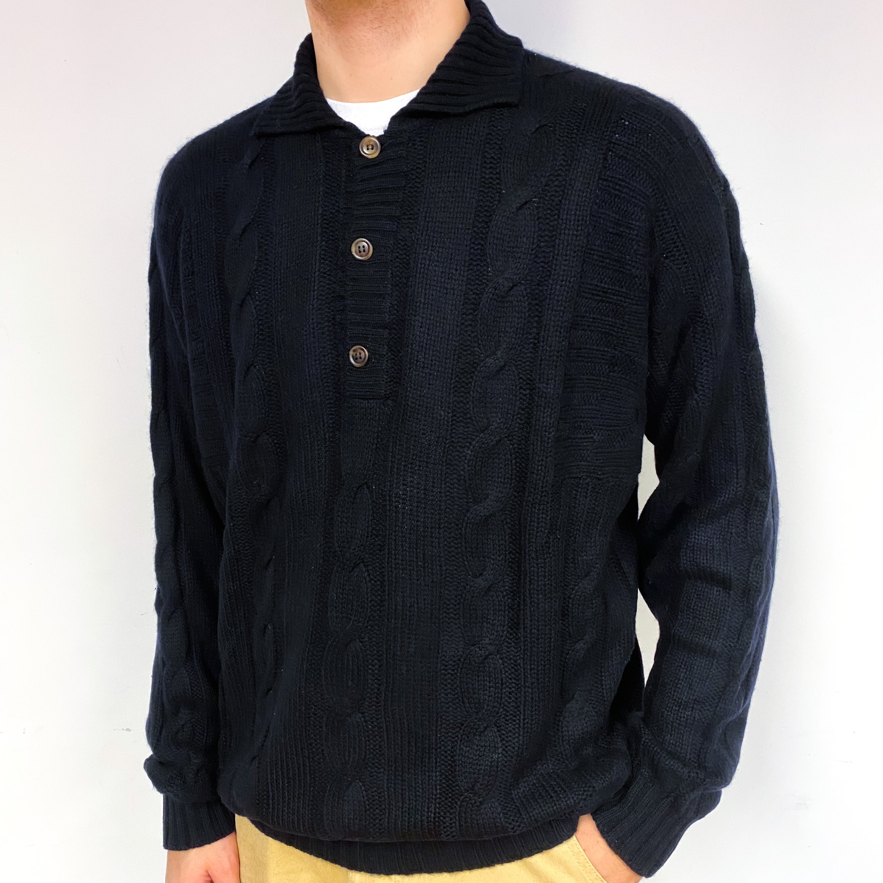Men's Dark Navy Blue Cashmere Collared Jumper Large