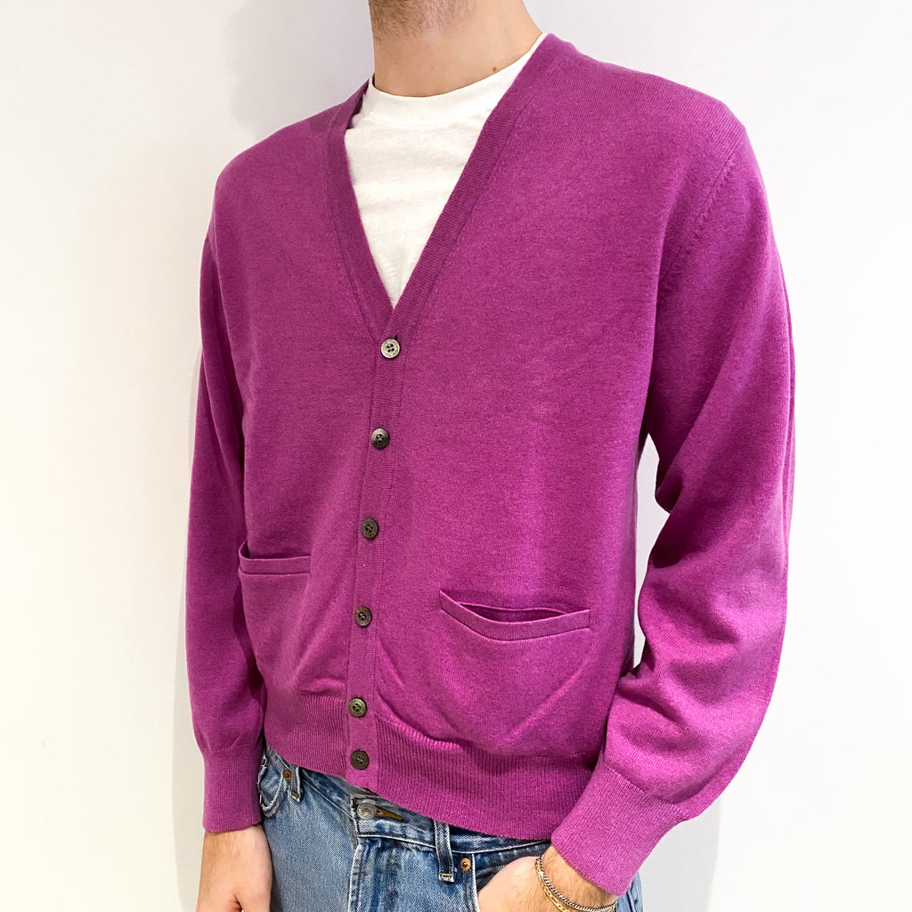 Men's Mauve Purple Cashmere V Neck Cardigan With Pockets Medium