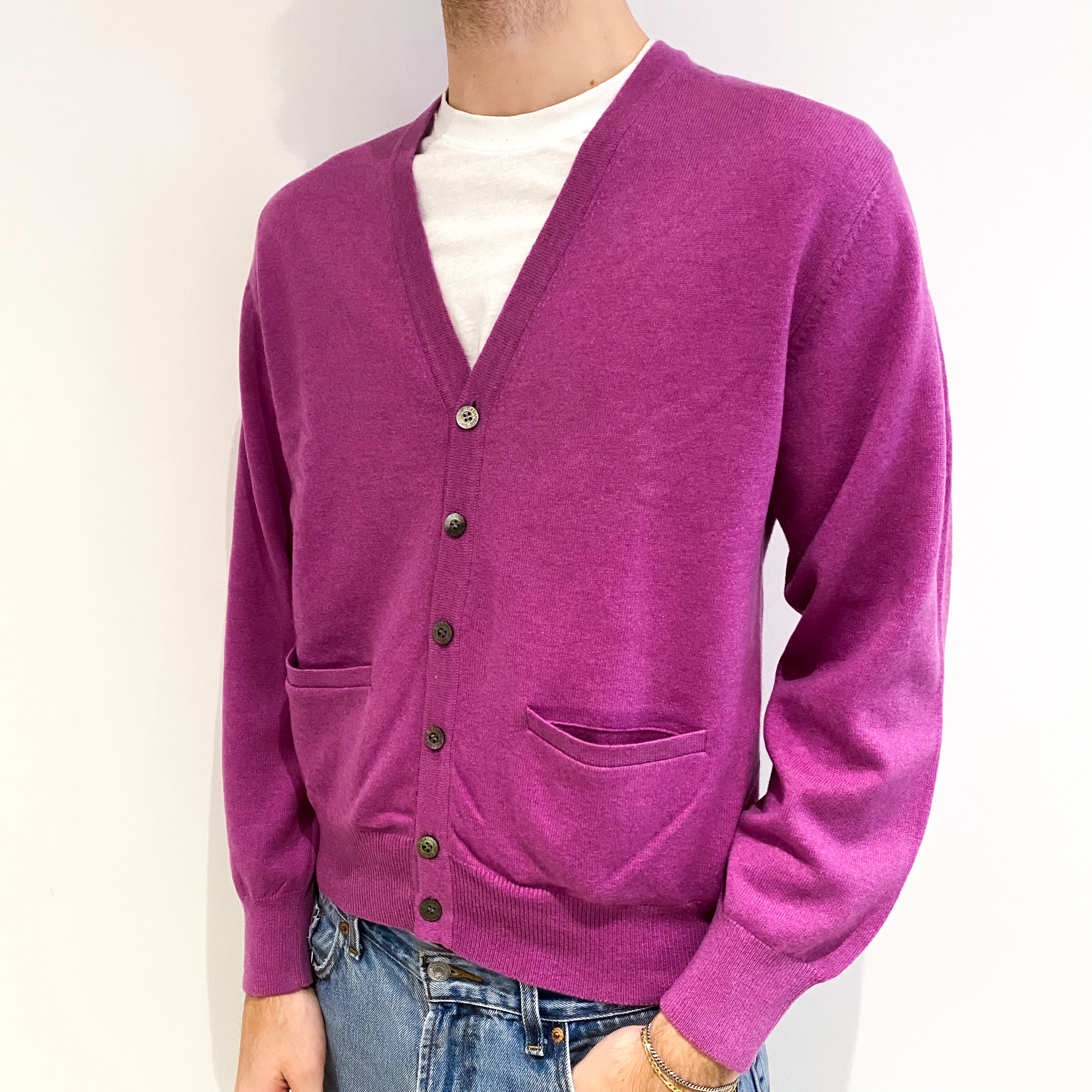 Men's Mauve Purple Cashmere V Neck Cardigan With Pockets Medium