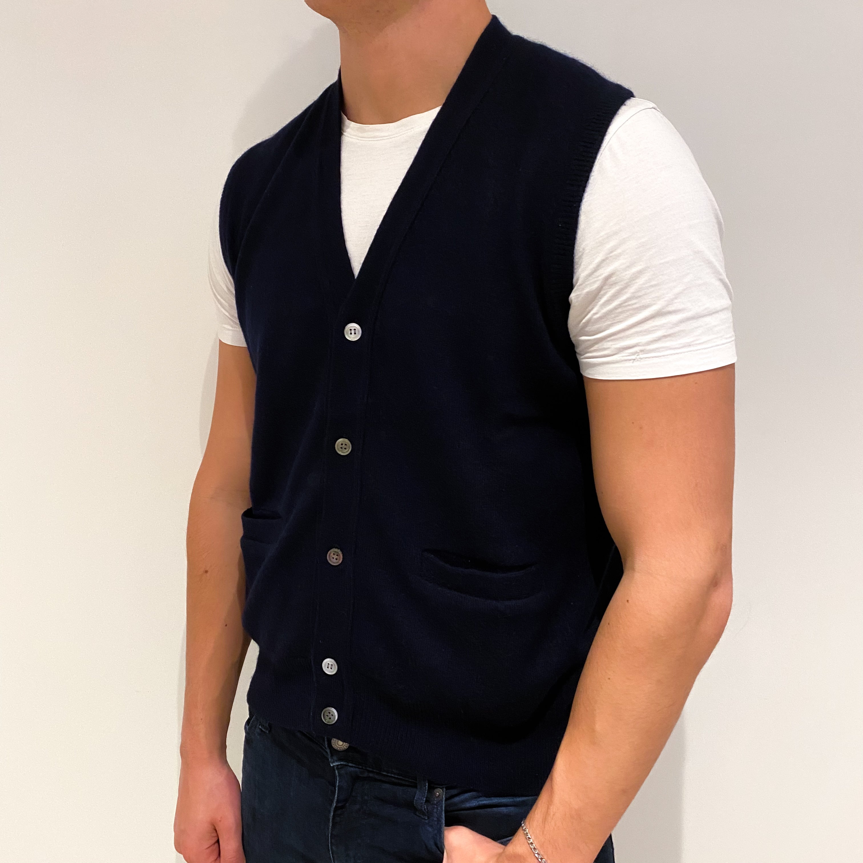 Men's Dark Navy Blue Cashmere V-Neck Waist Coat Extra Large
