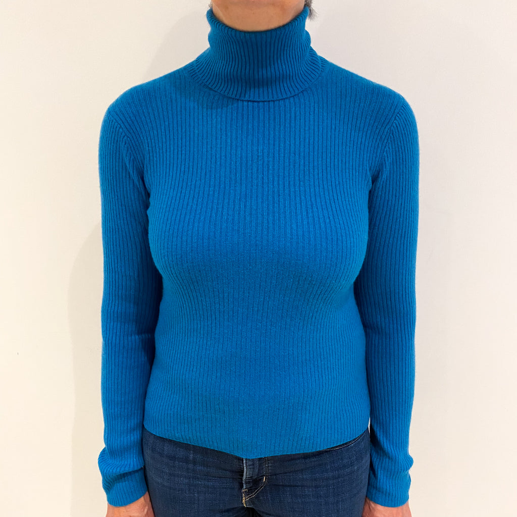Teal Blue Cashmere Polo Neck Ribbed Knit Jumper Medium