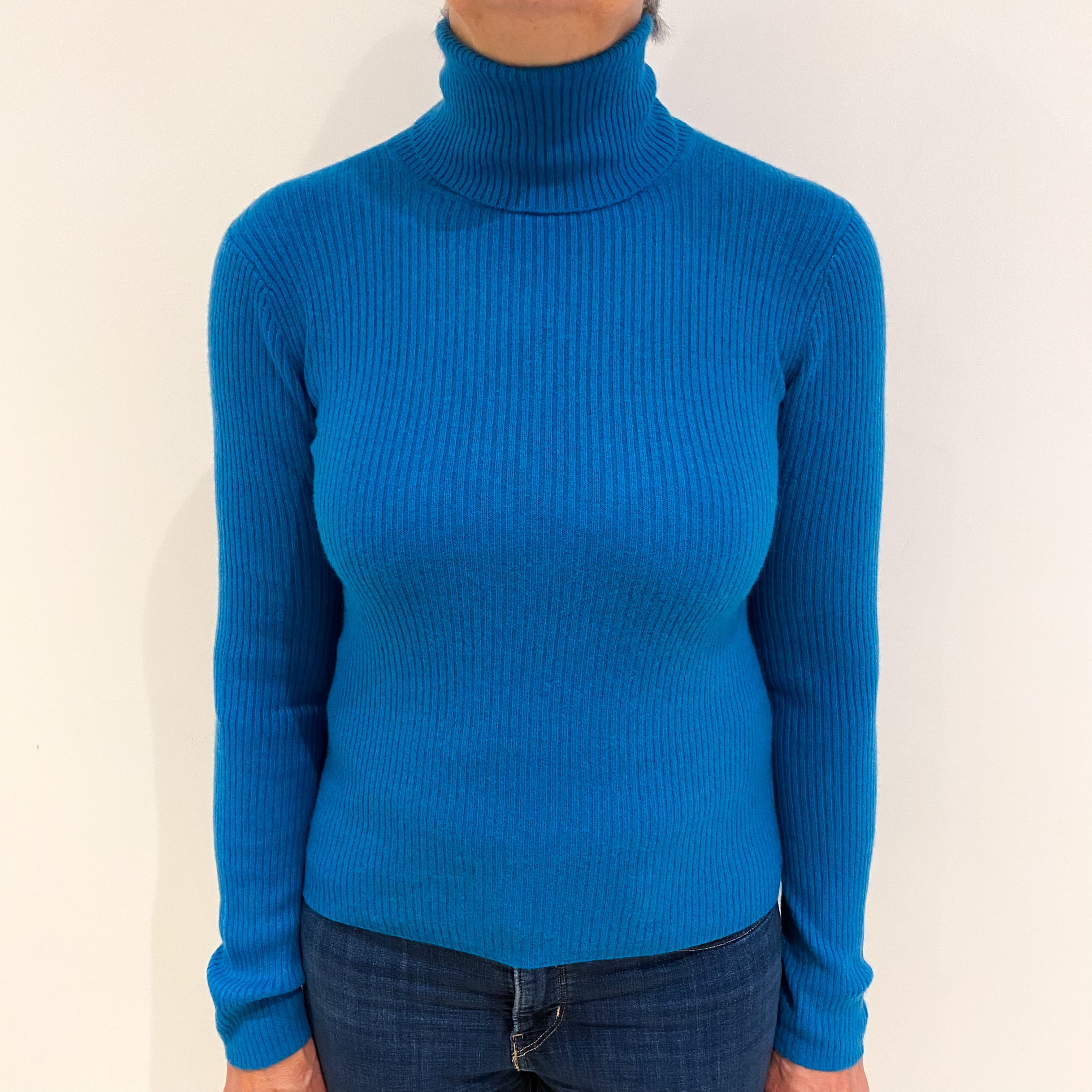 Teal Blue Cashmere Polo Neck Ribbed Knit Jumper Medium