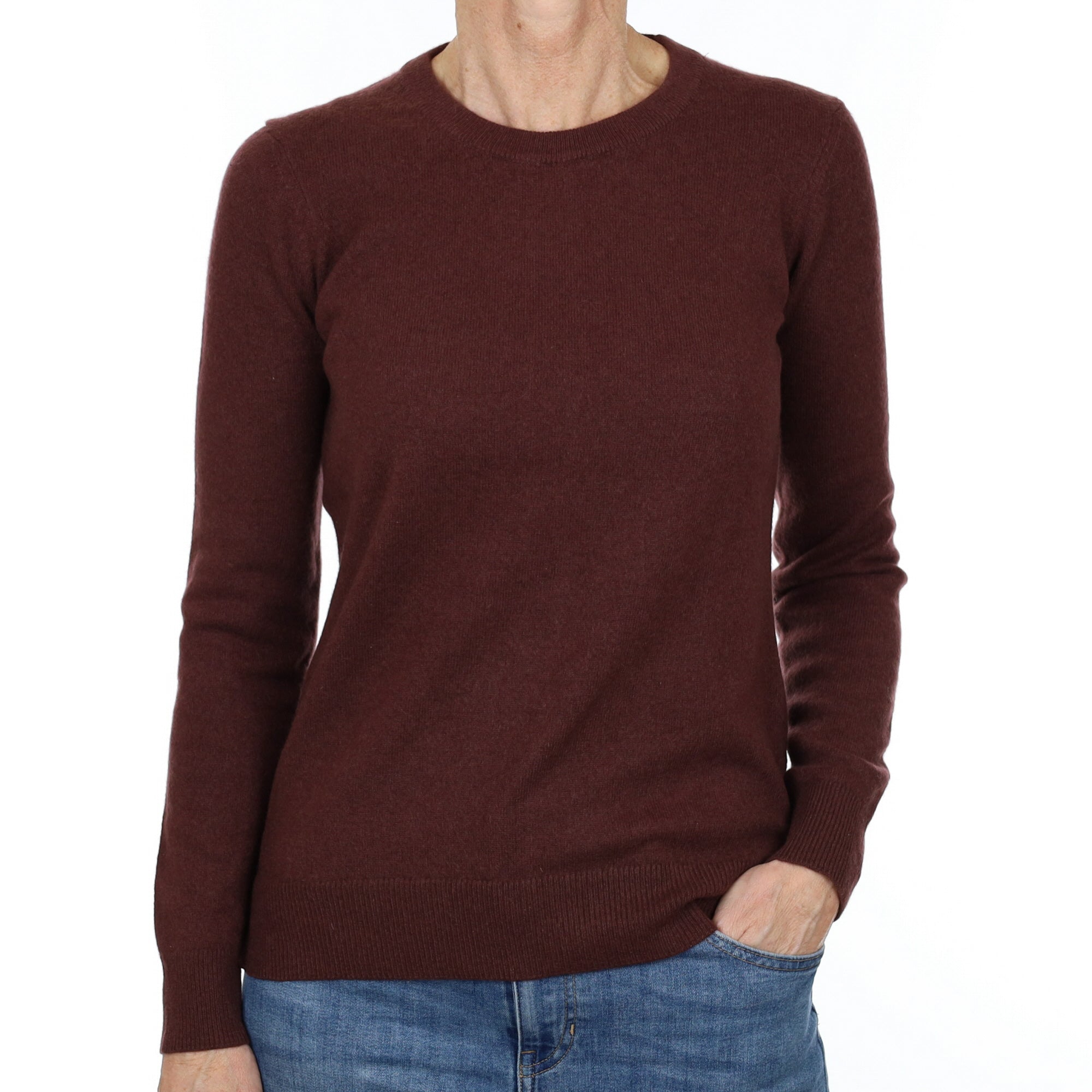 Aubergine Brown Cashmere Crew Neck Jumper Small
