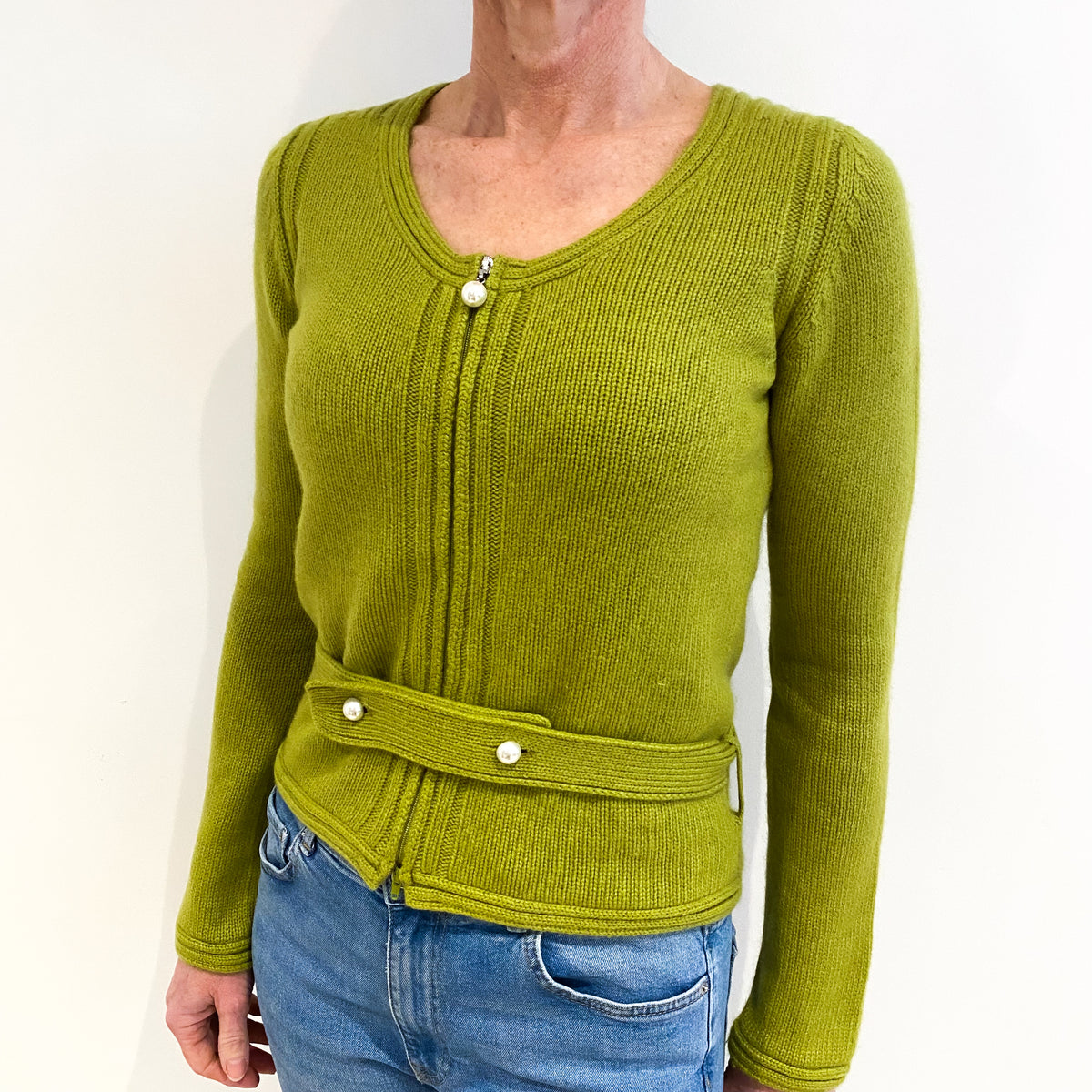 Pear Green Cashmere Scoop Neck Zip Up Cardigan Small