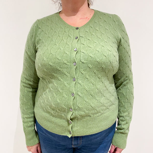 Pickle Green Cable Knit Cashmere Crew Neck Cardigan Extra Large