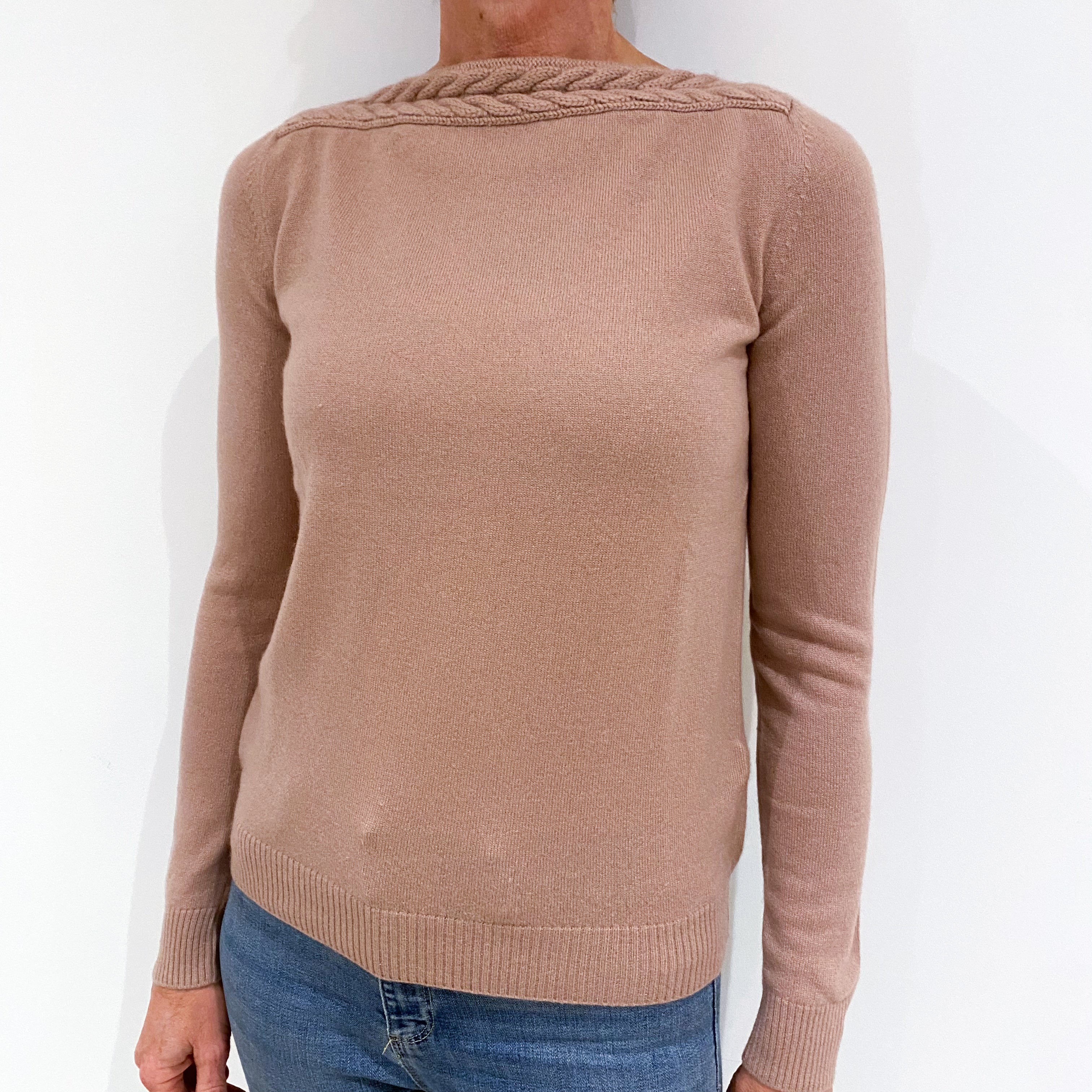 Dusky Pink Cable Trim Cashmere Boat Neck Jumper Small