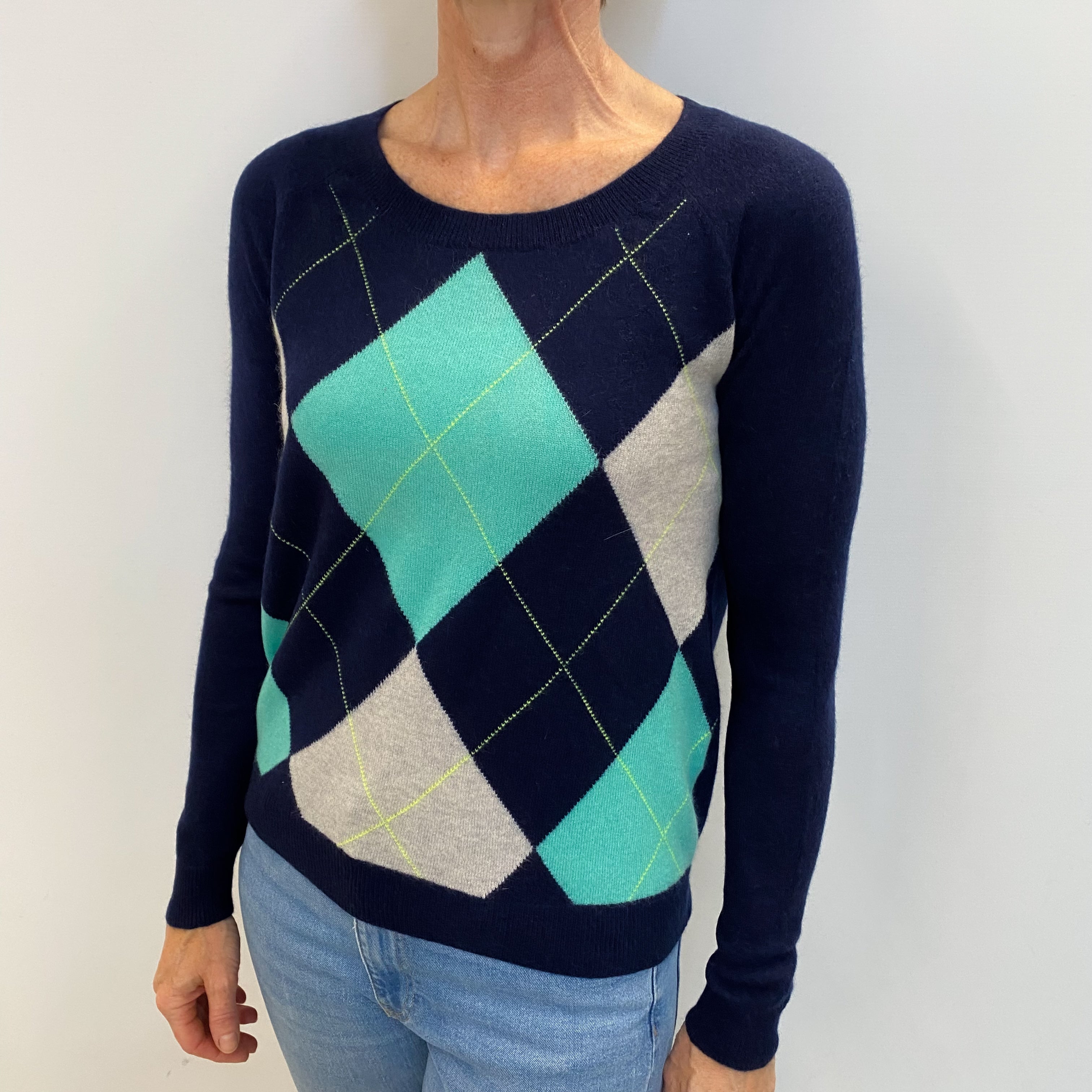 Smoke Grey Argyle Cashmere Scoop Neck Jumper Small