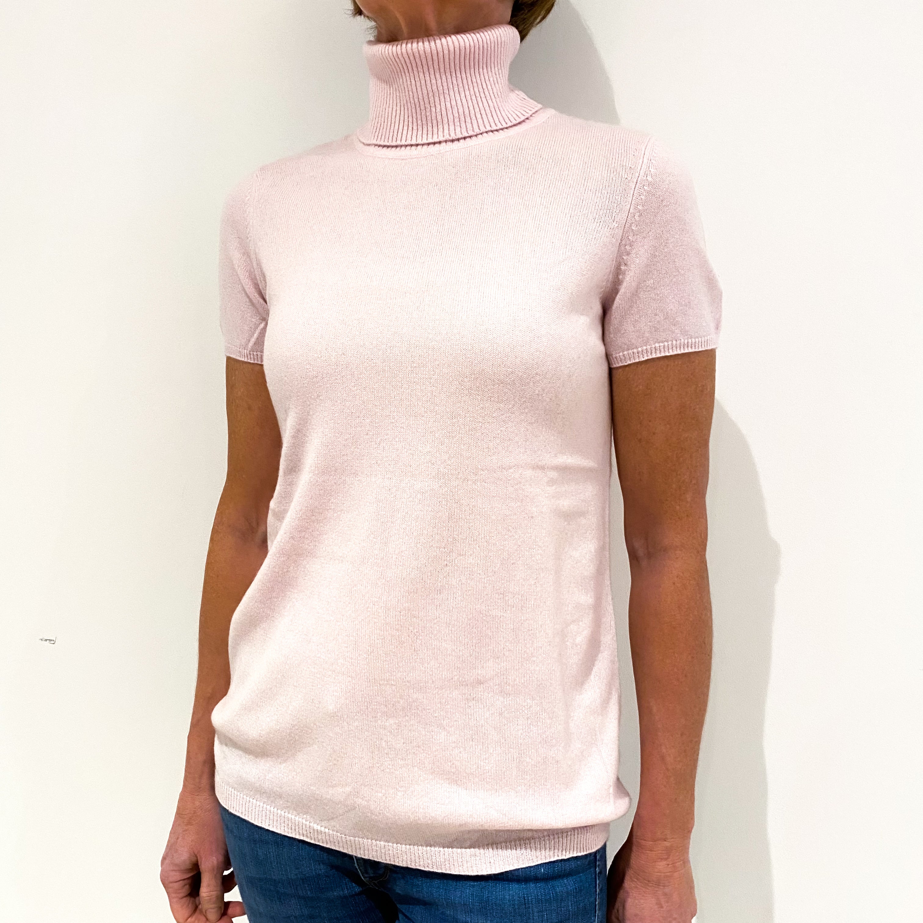 Powder Pink Short Sleeved Cashmere Polo Neck Jumper